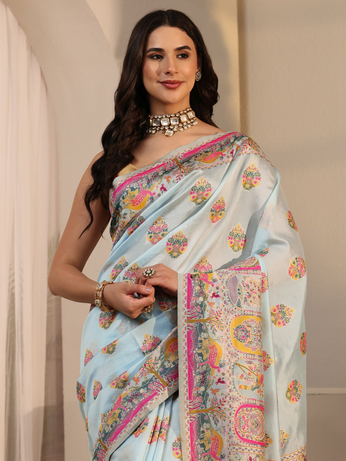 Mameraa Sky Blue Ethnic Woven Design Silk Blend Tassel Saree