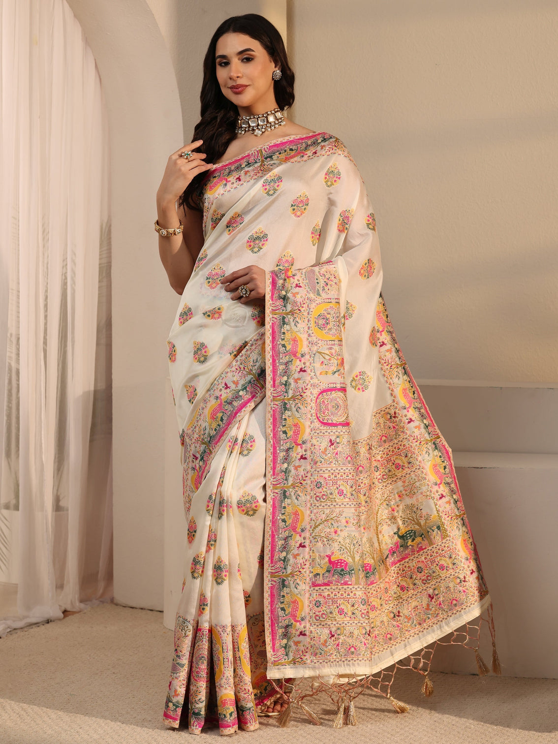 Mameraa Cream Ethnic Woven Design Silk Blend Tassel Saree