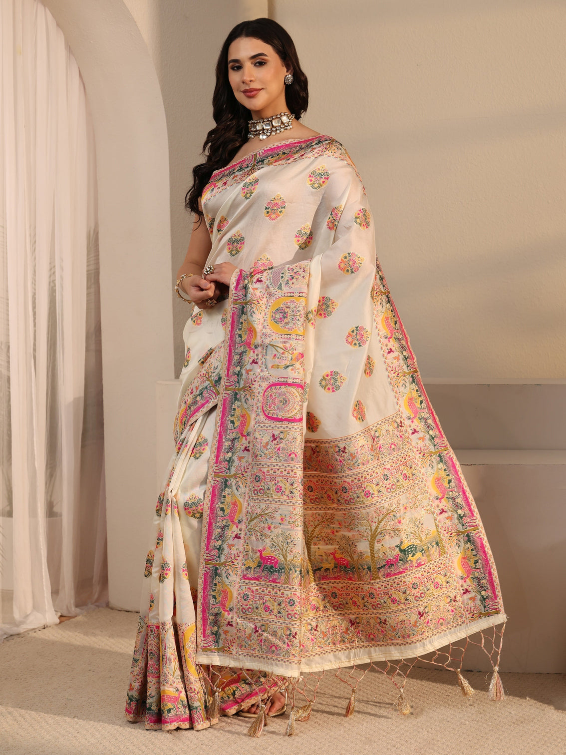 Mameraa Cream Ethnic Woven Design Silk Blend Tassel Saree