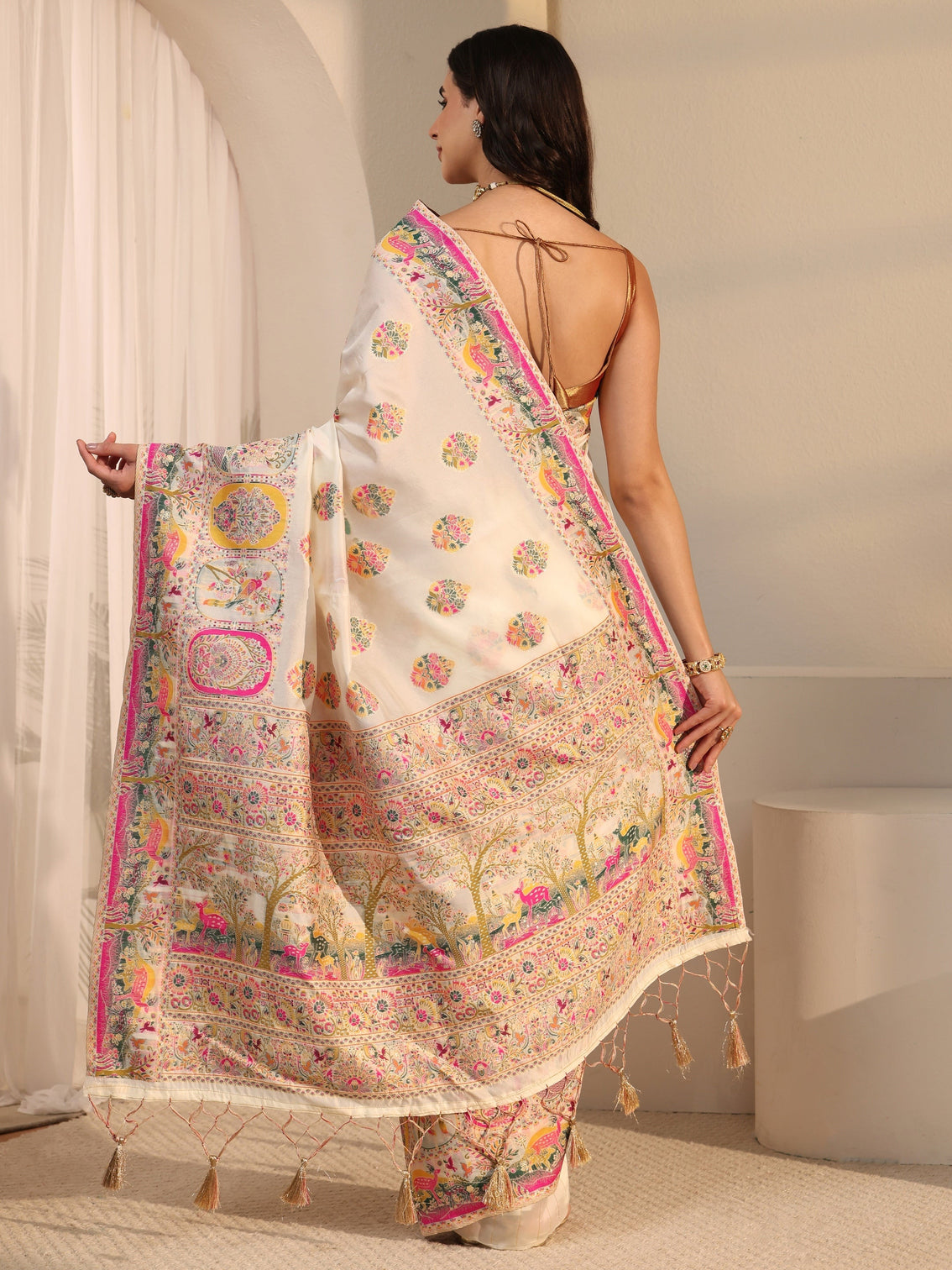 Mameraa Cream Ethnic Woven Design Silk Blend Tassel Saree