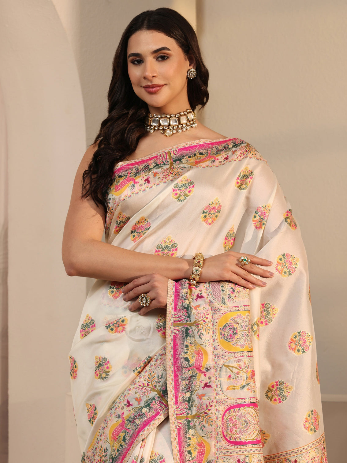 Mameraa Cream Ethnic Woven Design Silk Blend Tassel Saree