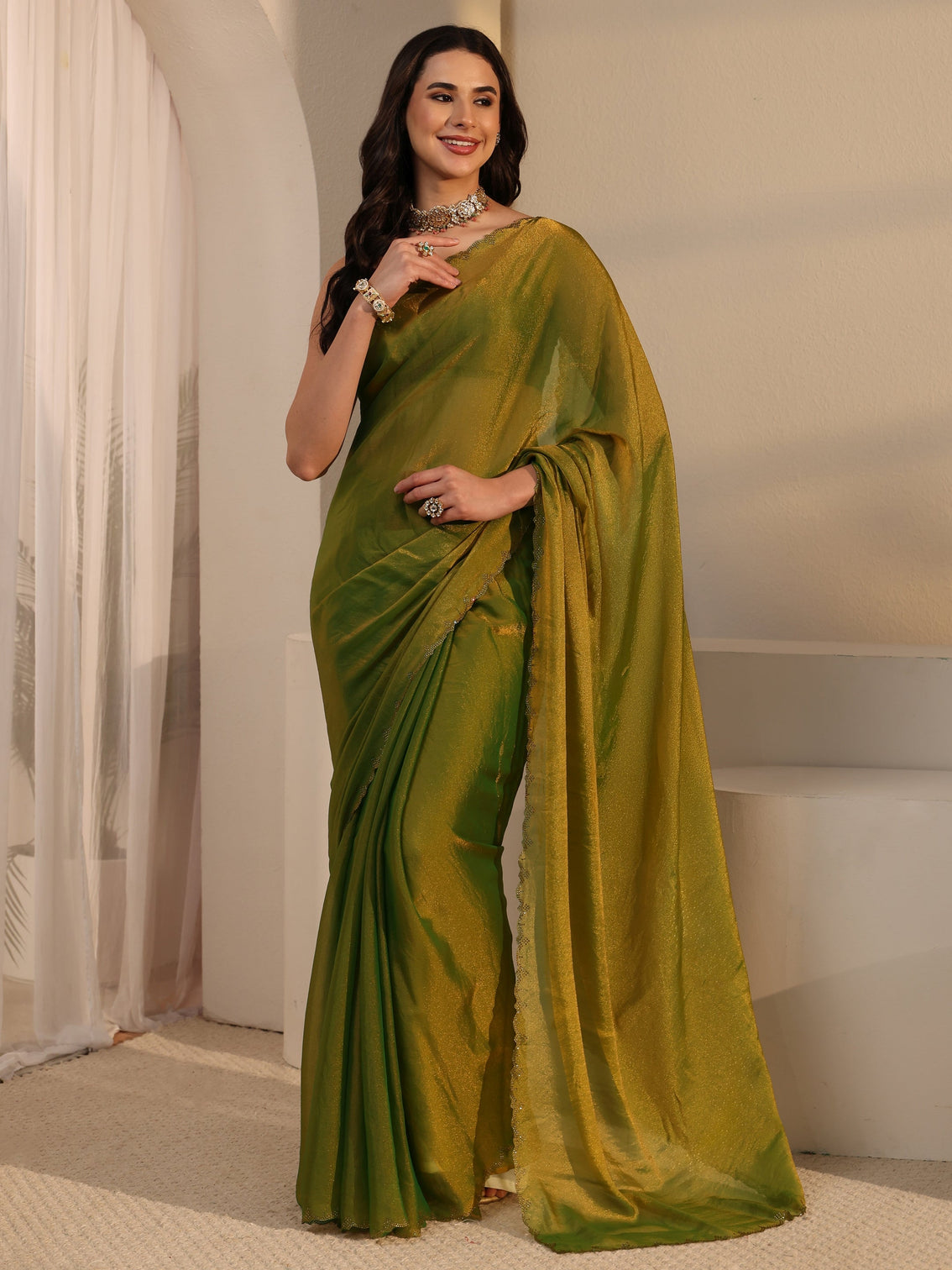 Mameraa Moss Green Tissue Saree with Embellished Border