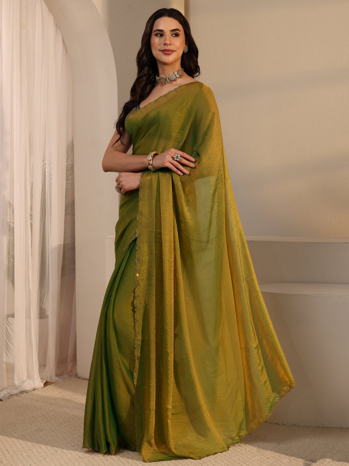 Mameraa Moss Green Tissue Saree with Embellished Border