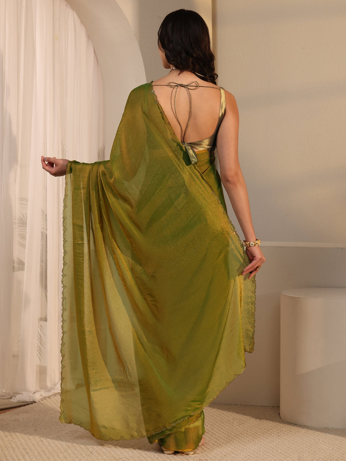 Mameraa Moss Green Tissue Saree with Embellished Border