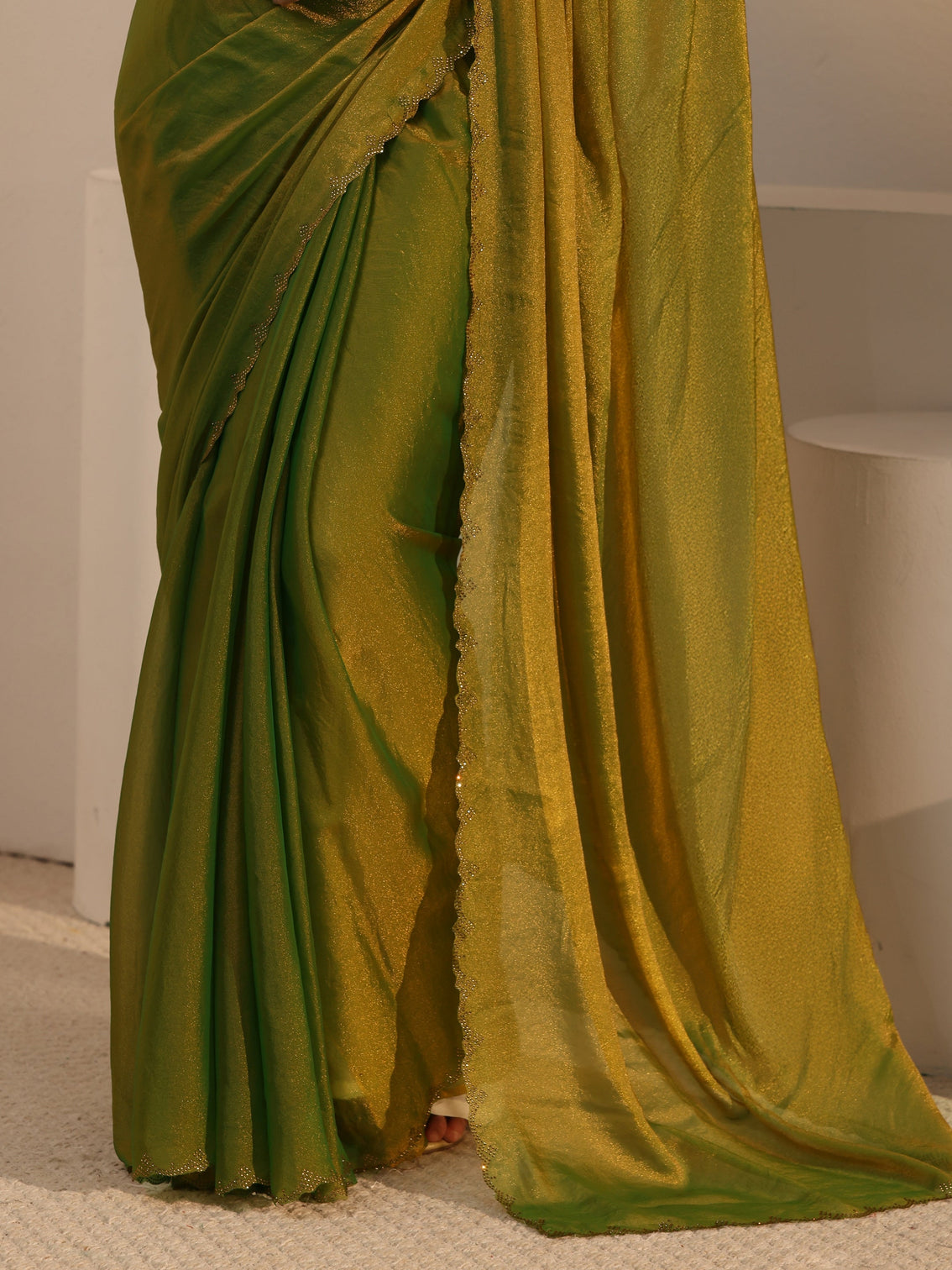 Mameraa Moss Green Tissue Saree with Embellished Border