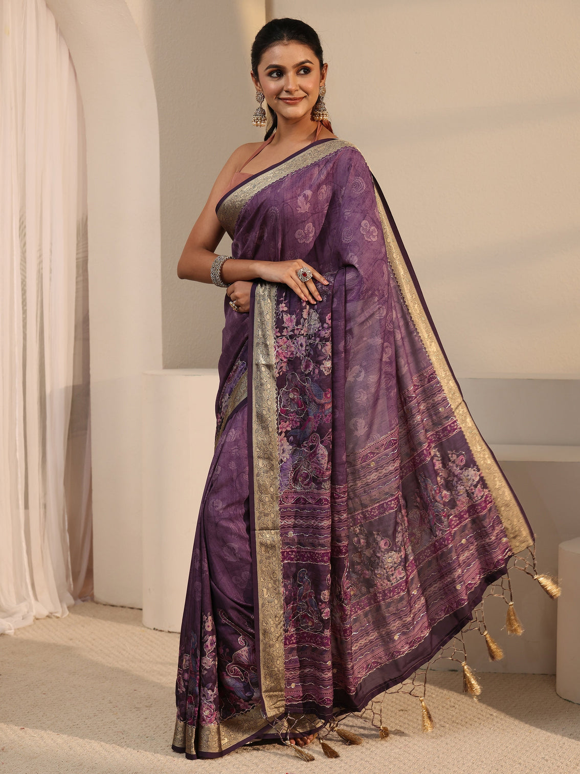 Mameraa Purple Floral Printed Crepe Tassel Saree