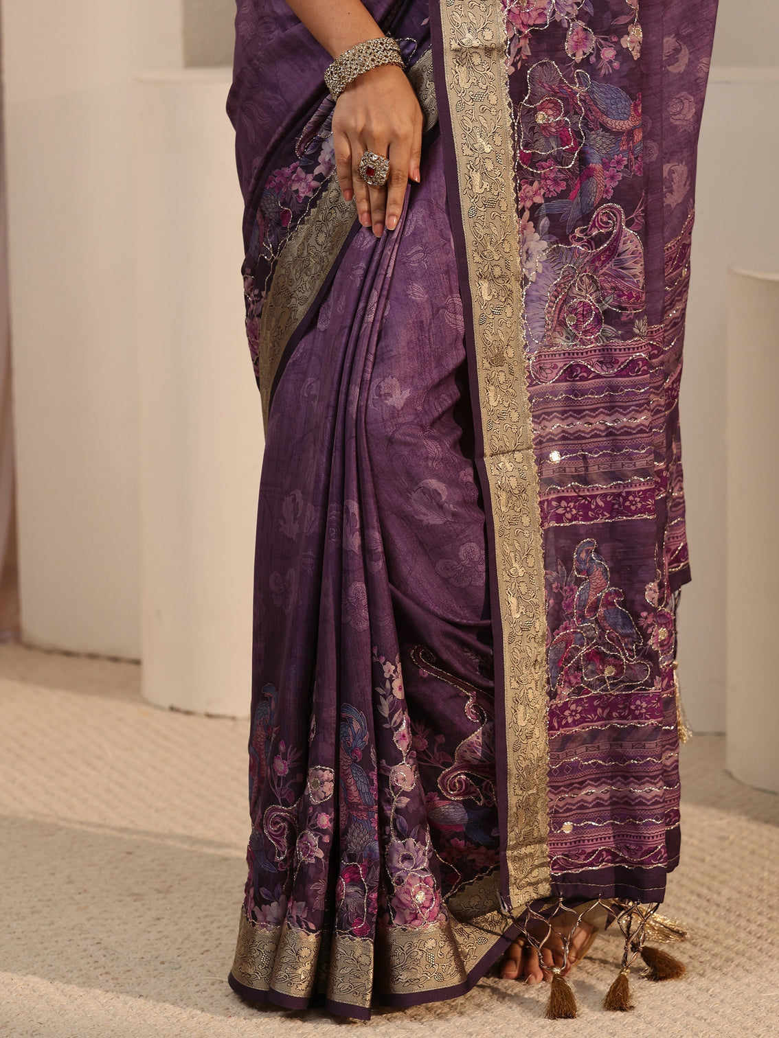 Mameraa Purple Floral Printed Crepe Tassel Saree