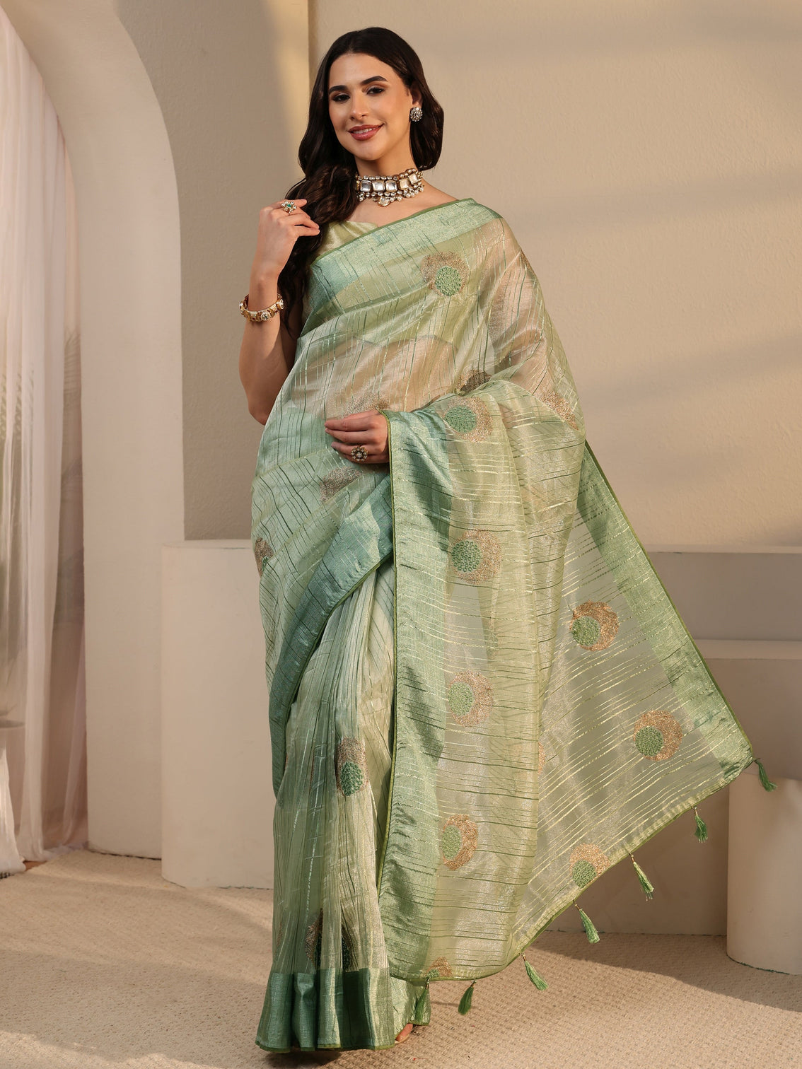 Mameraa Green Embroidered Organza Tassel Saree
