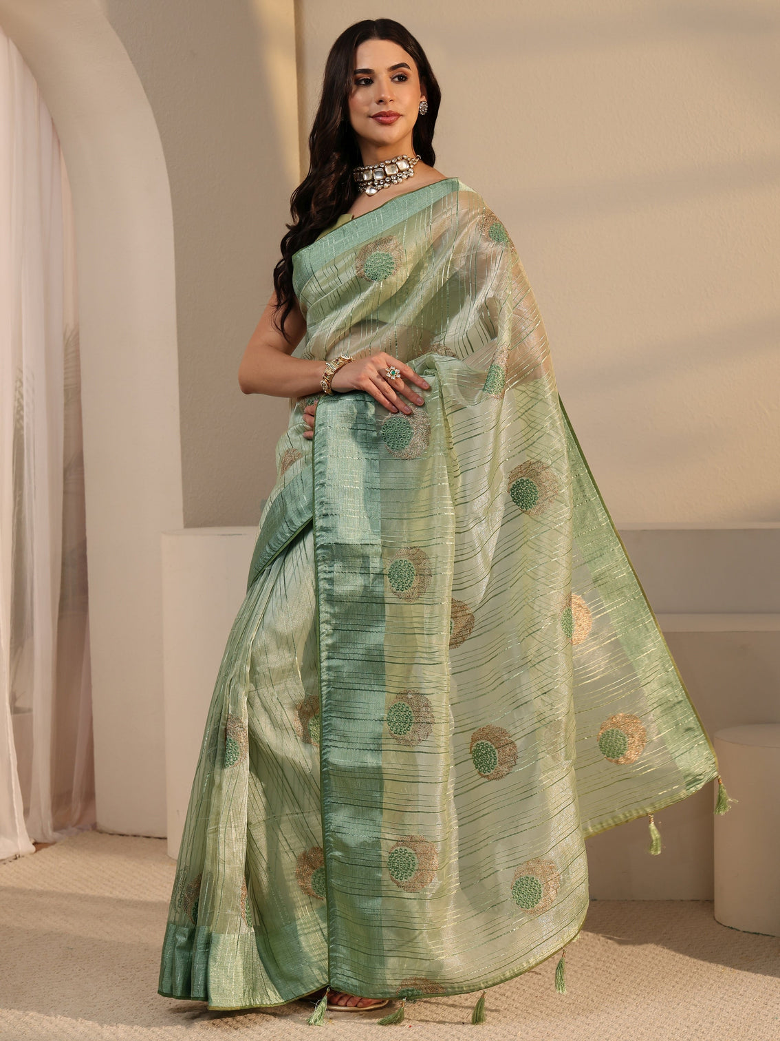 Mameraa Green Embroidered Organza Tassel Saree
