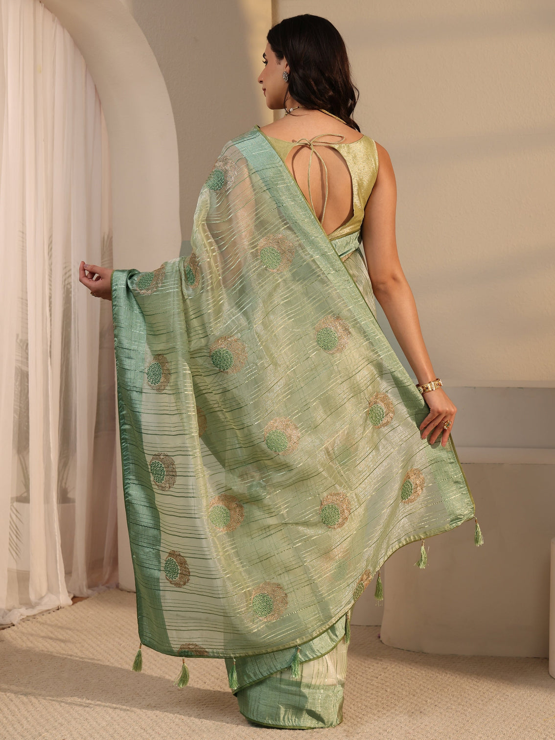 Mameraa Green Embroidered Organza Tassel Saree