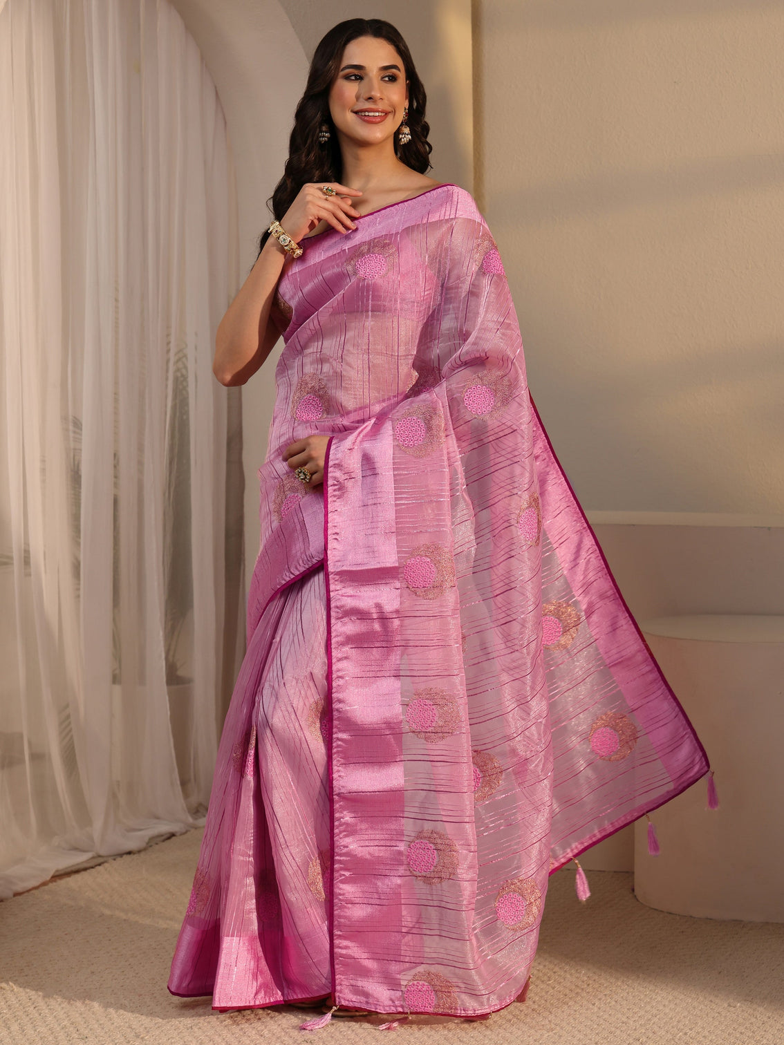 Mameraa Pink Embroidered Organza Tassel Saree
