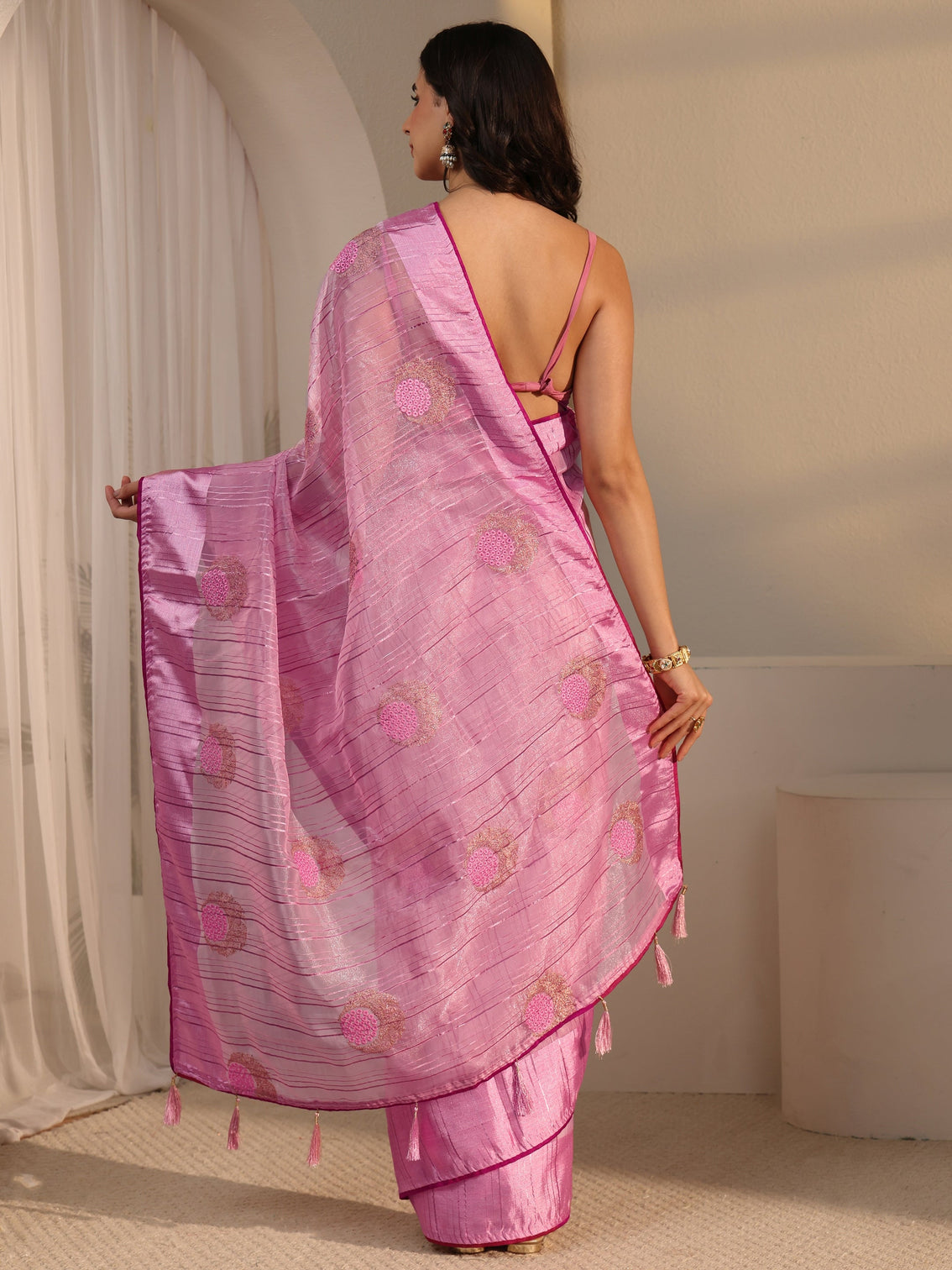Mameraa Pink Embroidered Organza Tassel Saree