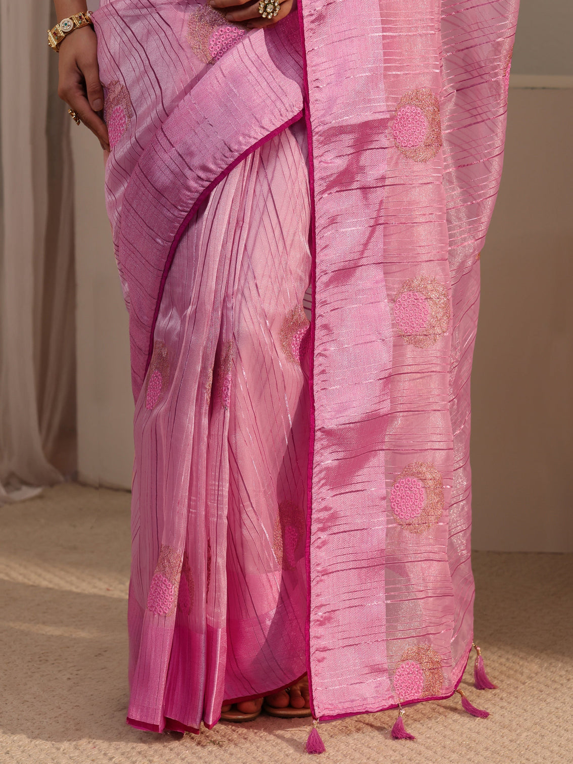 Mameraa Pink Embroidered Organza Tassel Saree