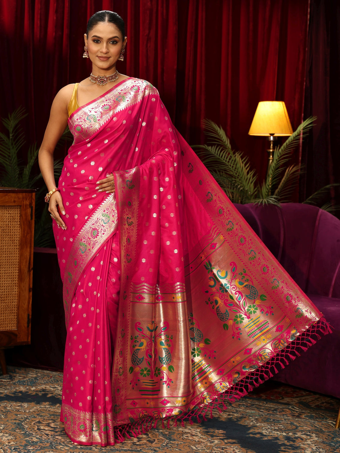 Mameraa Rani Pink Silk Blend Paithani Tassel Saree