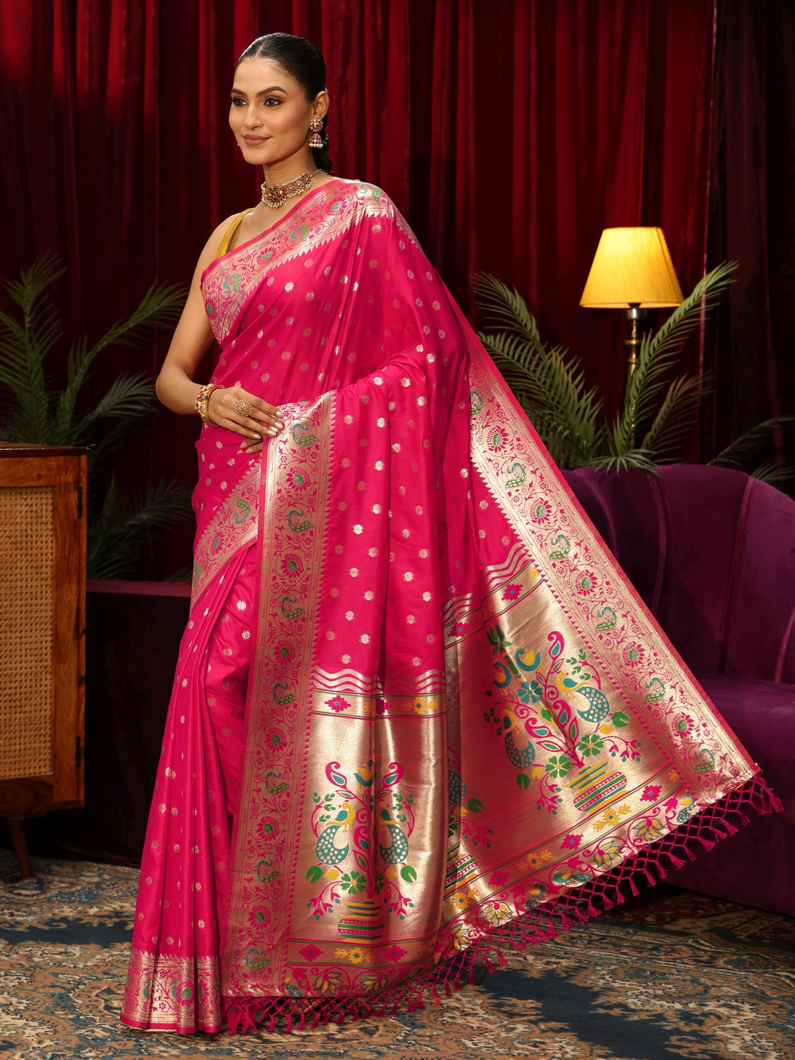 Mameraa Rani Pink Silk Blend Paithani Tassel Saree