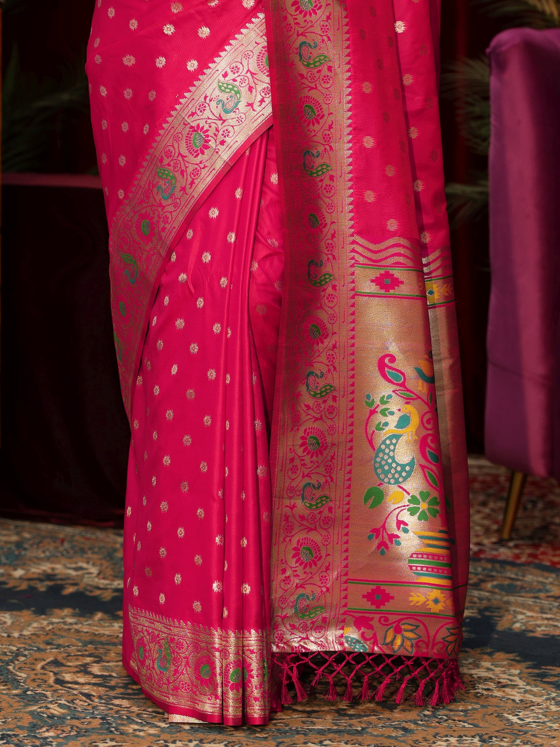 Mameraa Rani Pink Silk Blend Paithani Tassel Saree