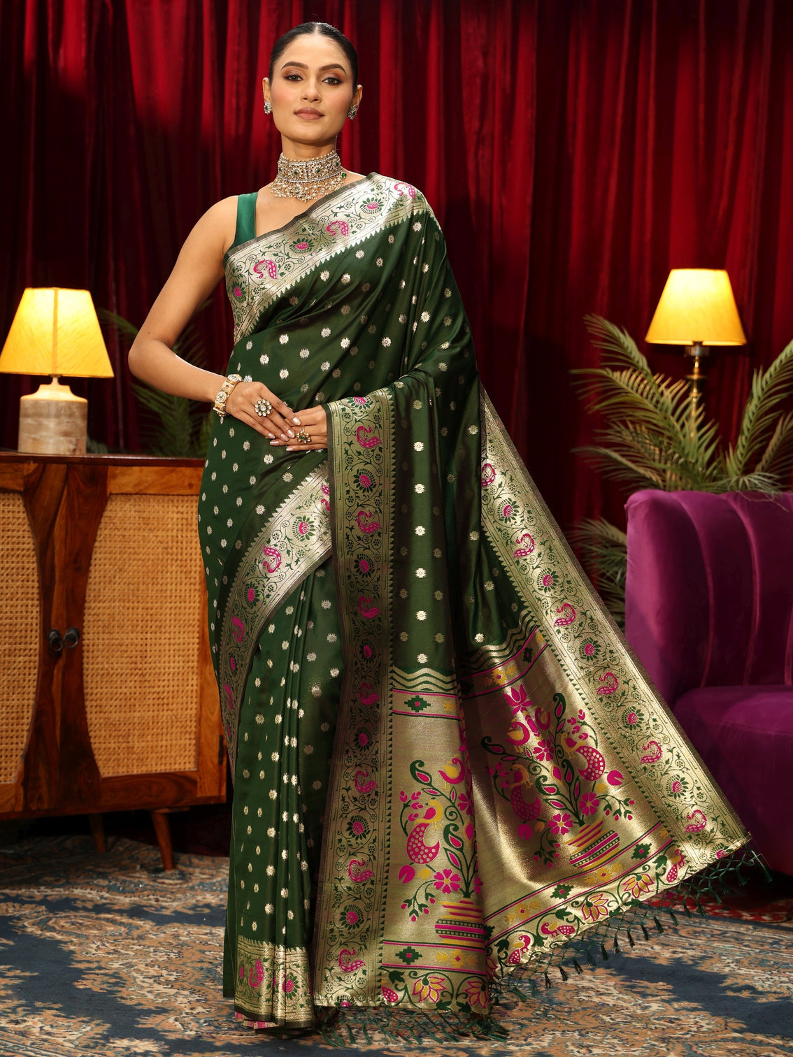 Mameraa Bottle Green Silk Blend Paithani Tassel Saree