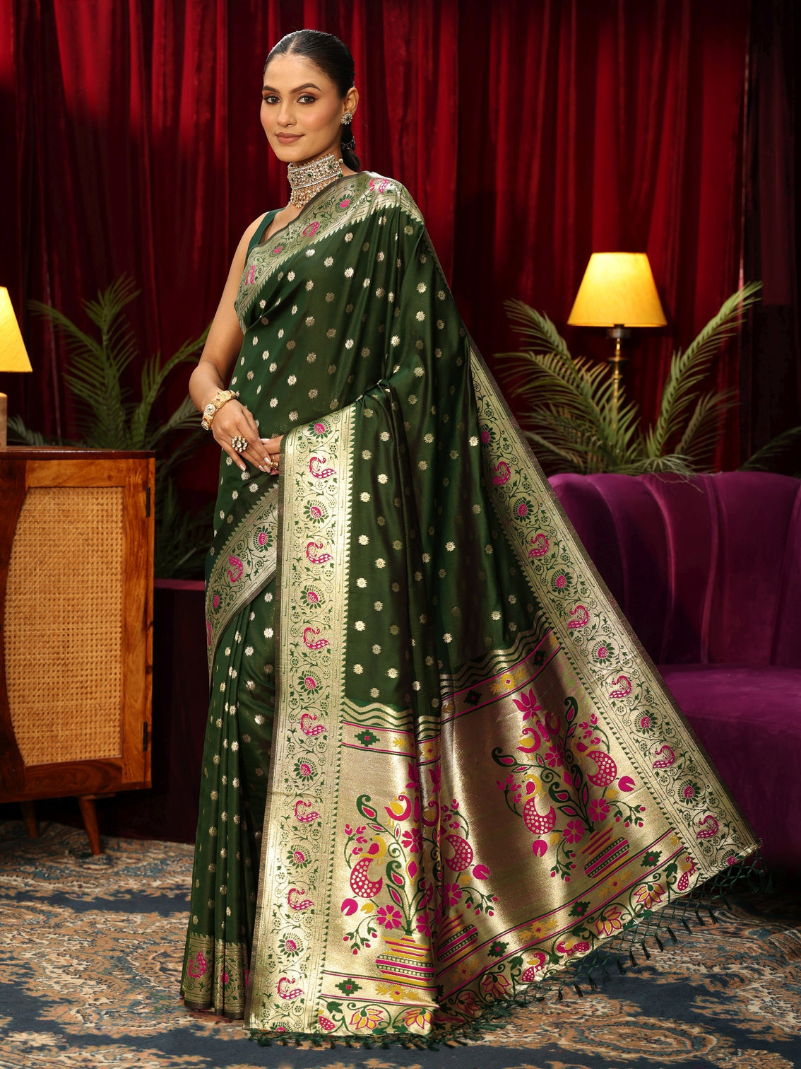 Mameraa Bottle Green Silk Blend Paithani Tassel Saree