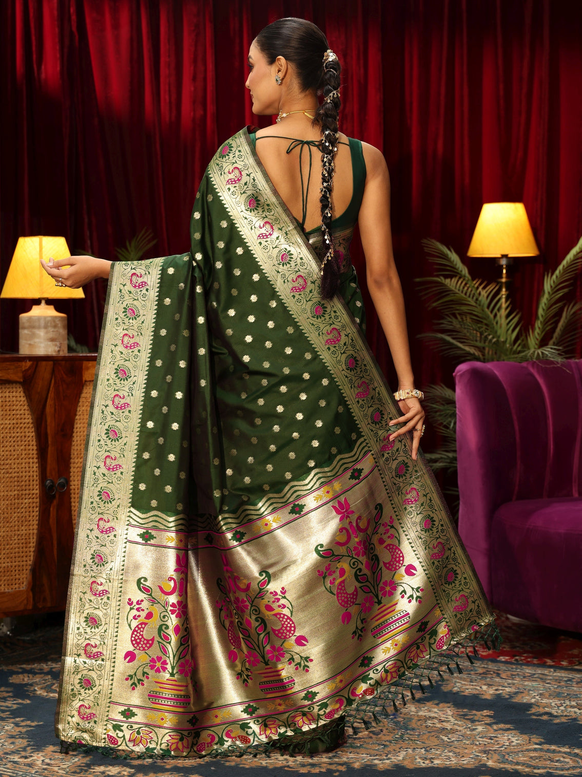 Mameraa Bottle Green Silk Blend Paithani Tassel Saree