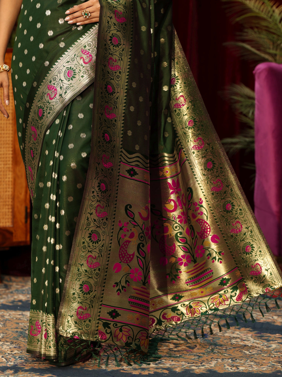 Mameraa Bottle Green Silk Blend Paithani Tassel Saree