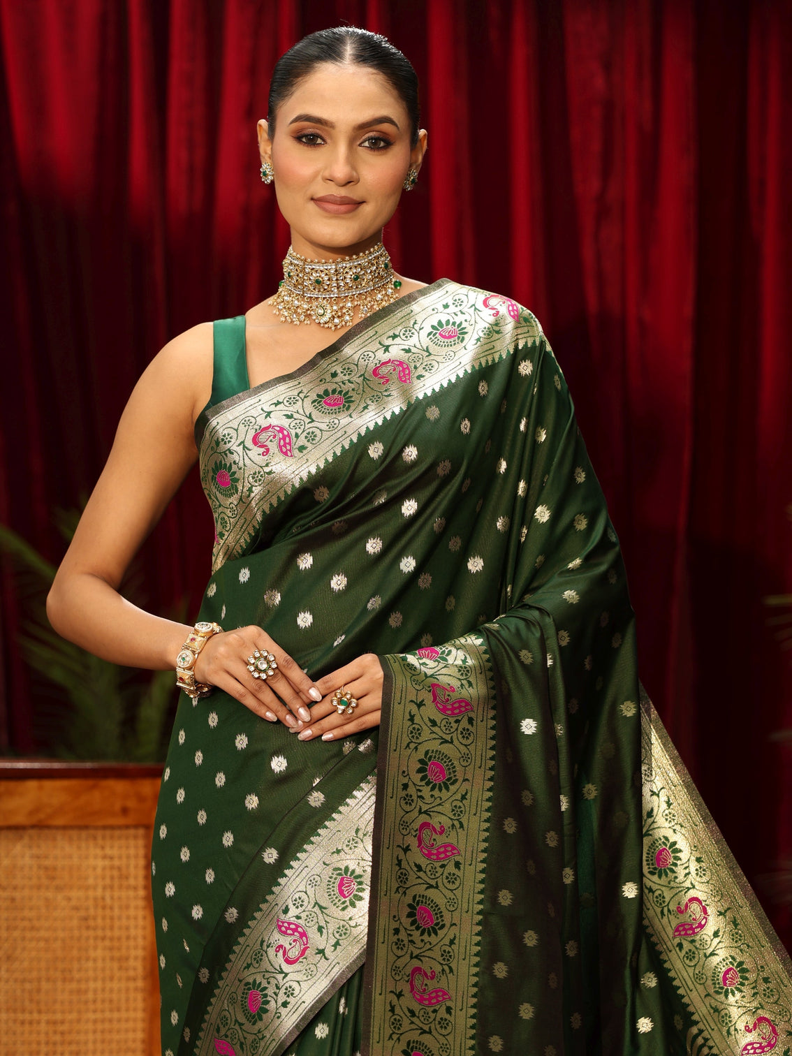 Mameraa Bottle Green Silk Blend Paithani Tassel Saree