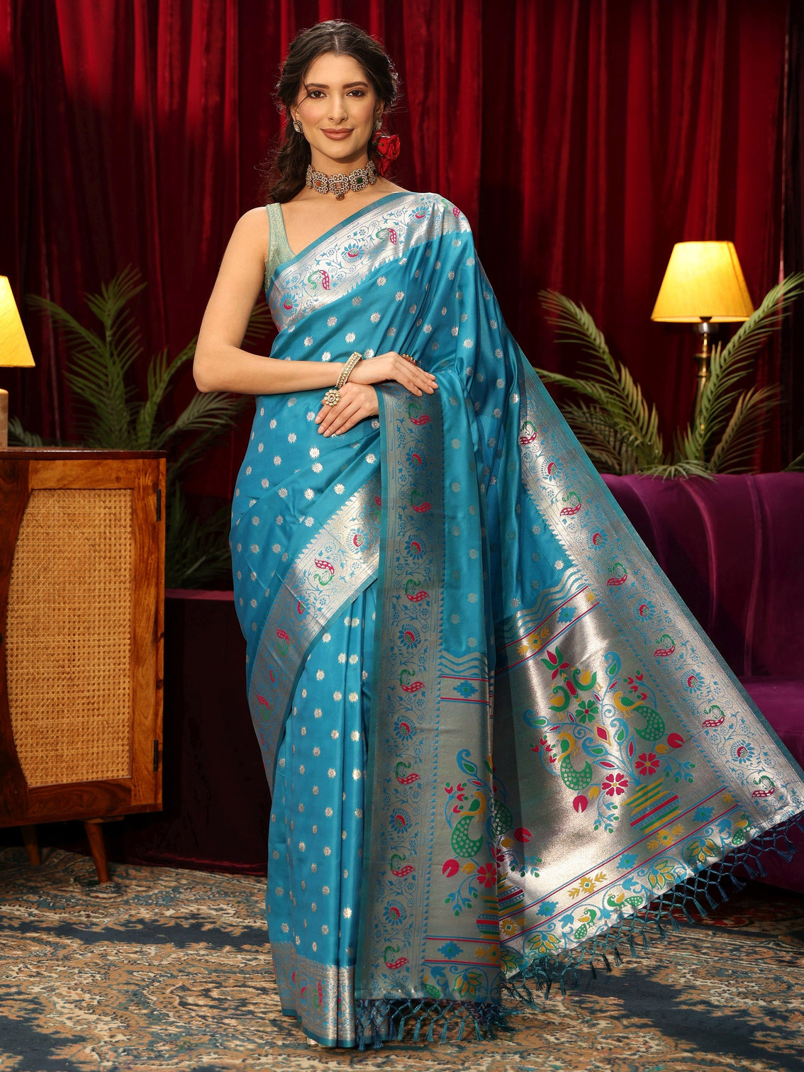 Mameraa Turquoise Blue Silk Blend Paithani Tassel Saree