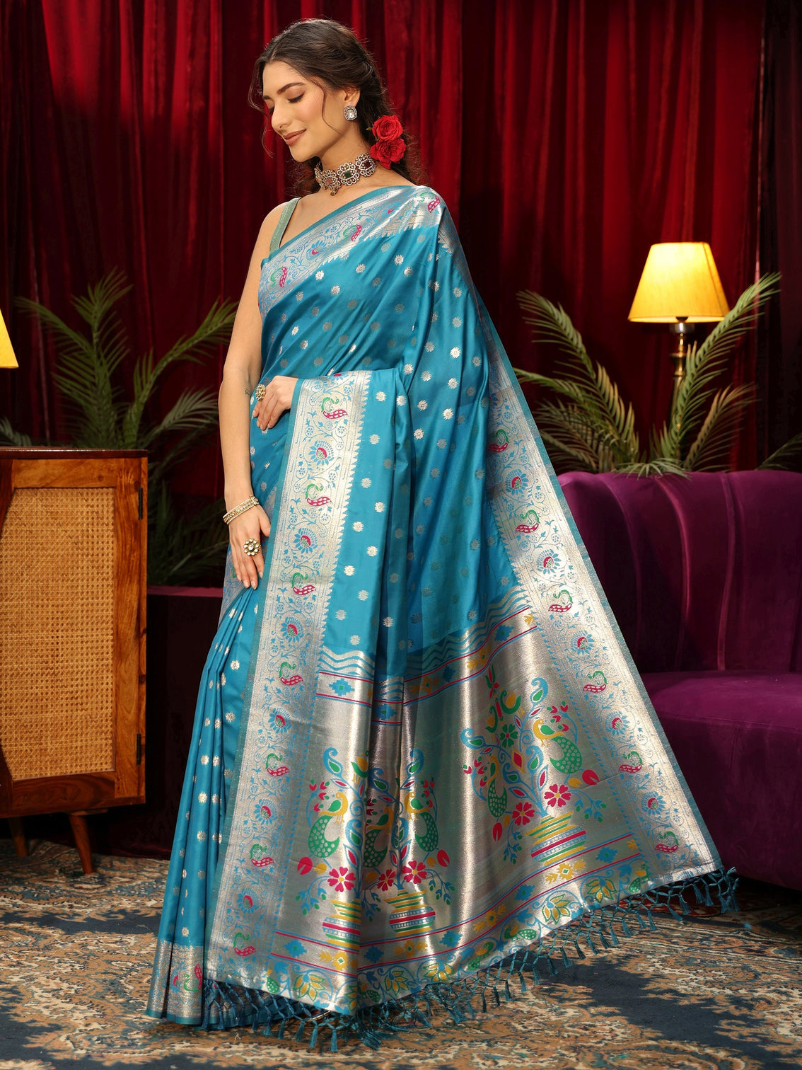 Mameraa Turquoise Blue Silk Blend Paithani Tassel Saree