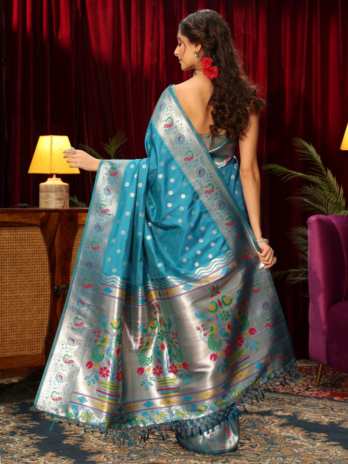 Mameraa Turquoise Blue Silk Blend Paithani Tassel Saree