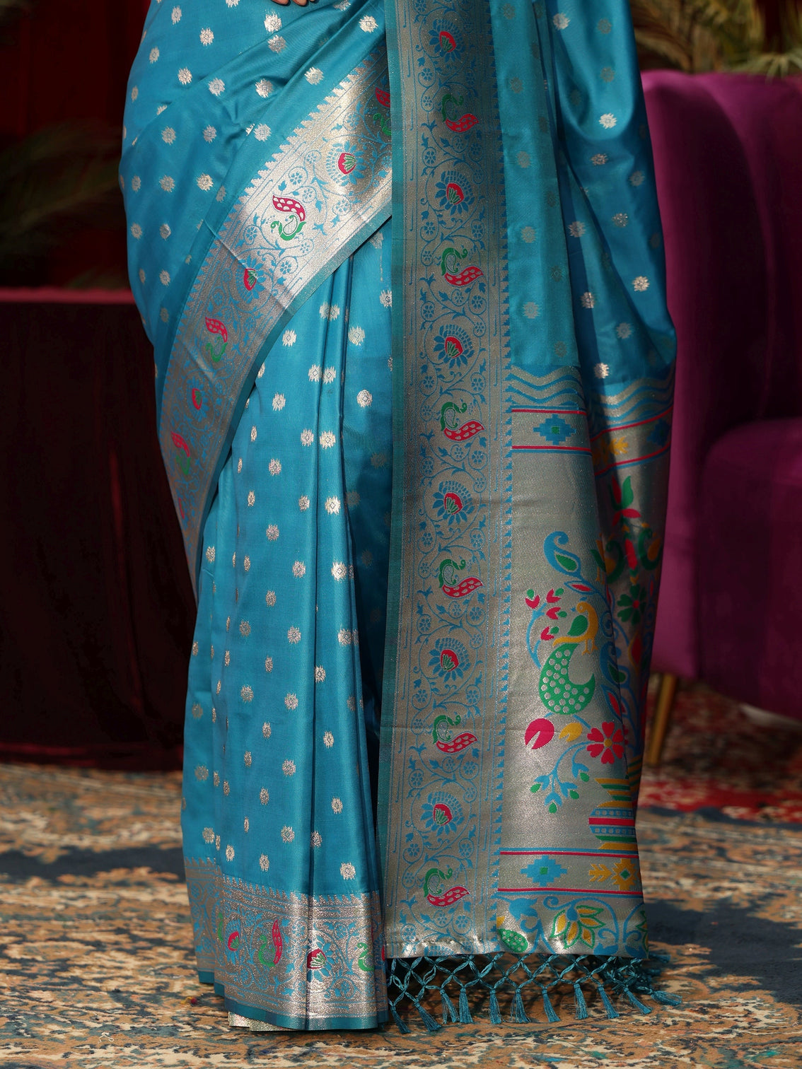 Mameraa Turquoise Blue Silk Blend Paithani Tassel Saree