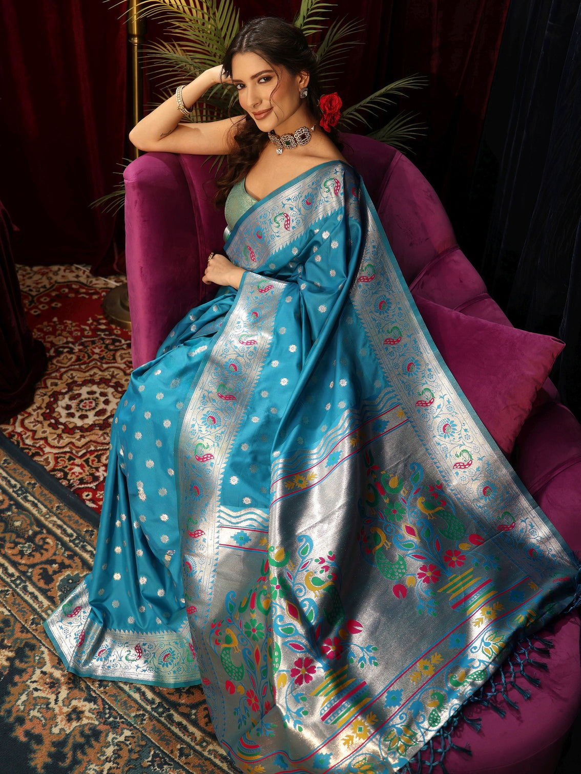 Mameraa Turquoise Blue Silk Blend Paithani Tassel Saree