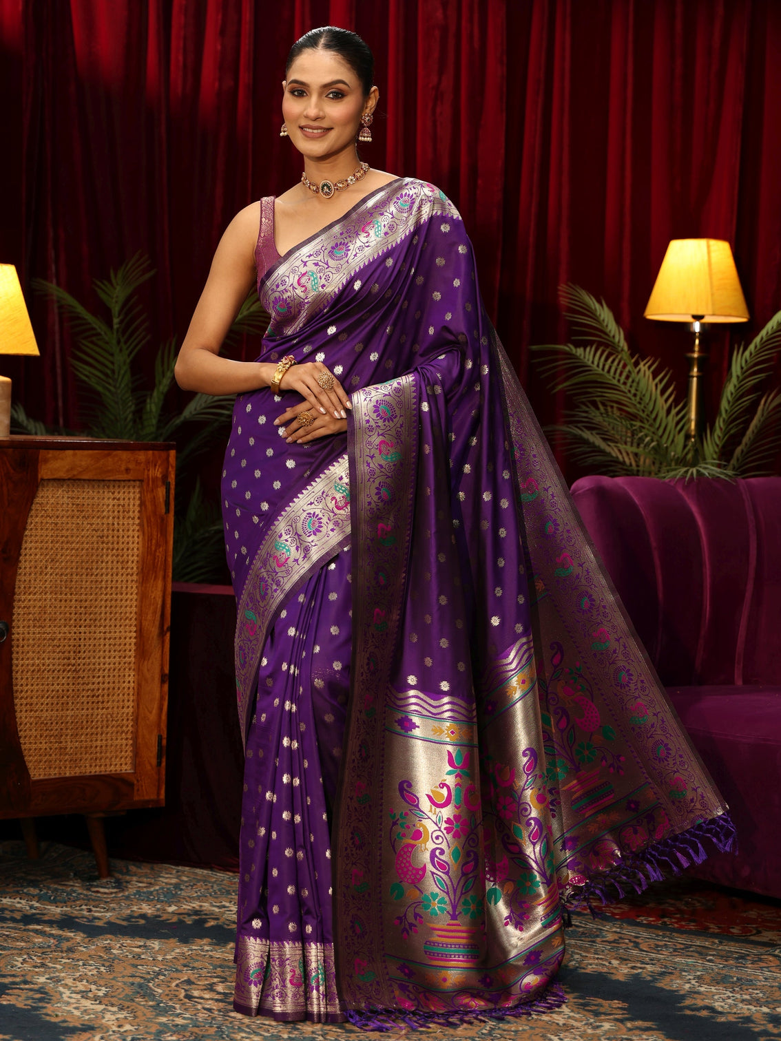 Mameraa Royal Purple Silk Blend Paithani Tassel Saree