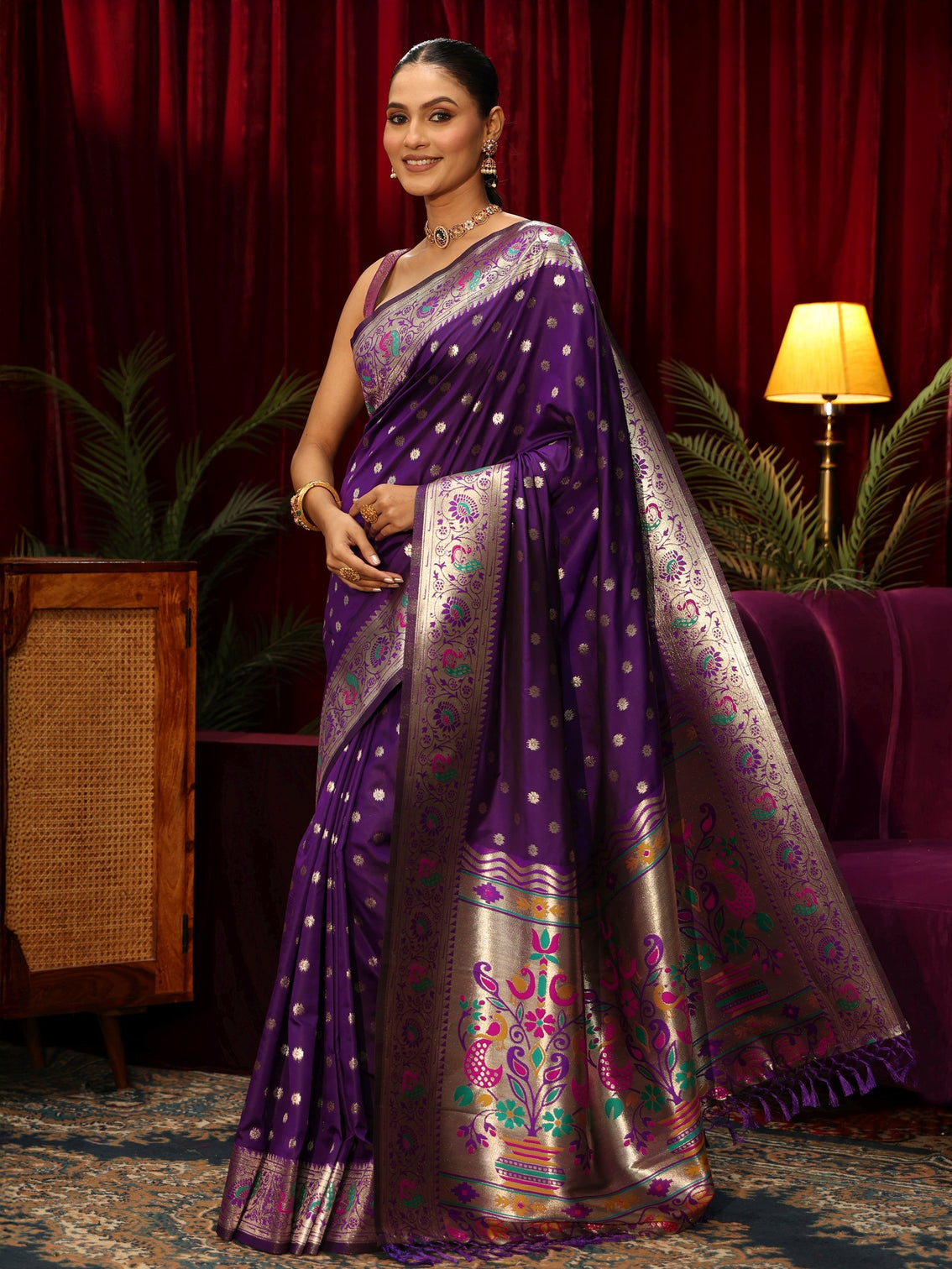 Mameraa Royal Purple Silk Blend Paithani Tassel Saree