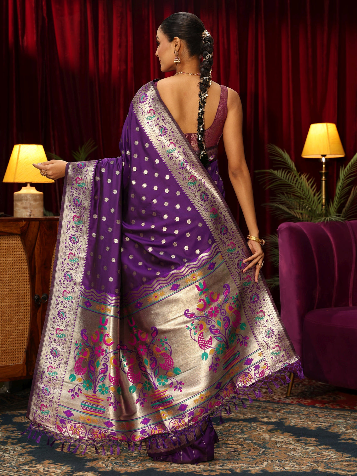 Mameraa Royal Purple Silk Blend Paithani Tassel Saree