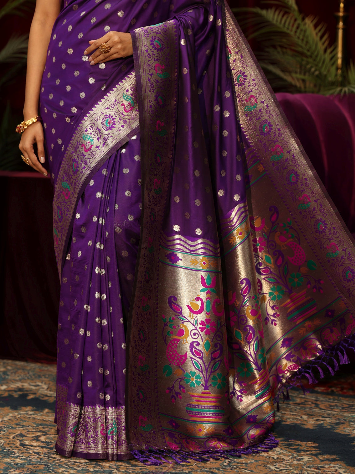 Mameraa Royal Purple Silk Blend Paithani Tassel Saree