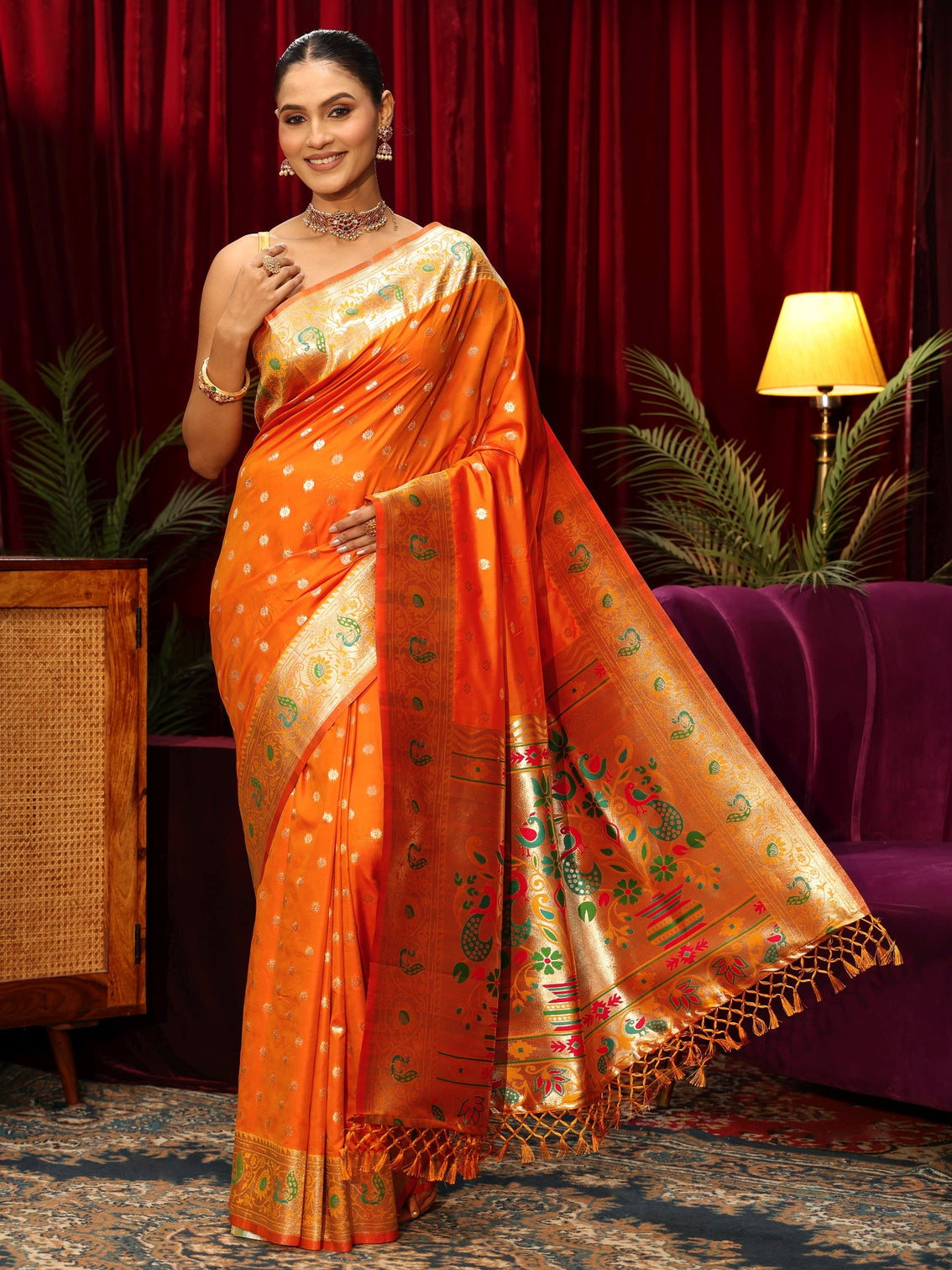 Mameraa Orange Silk Blend Paithani Tassel Saree