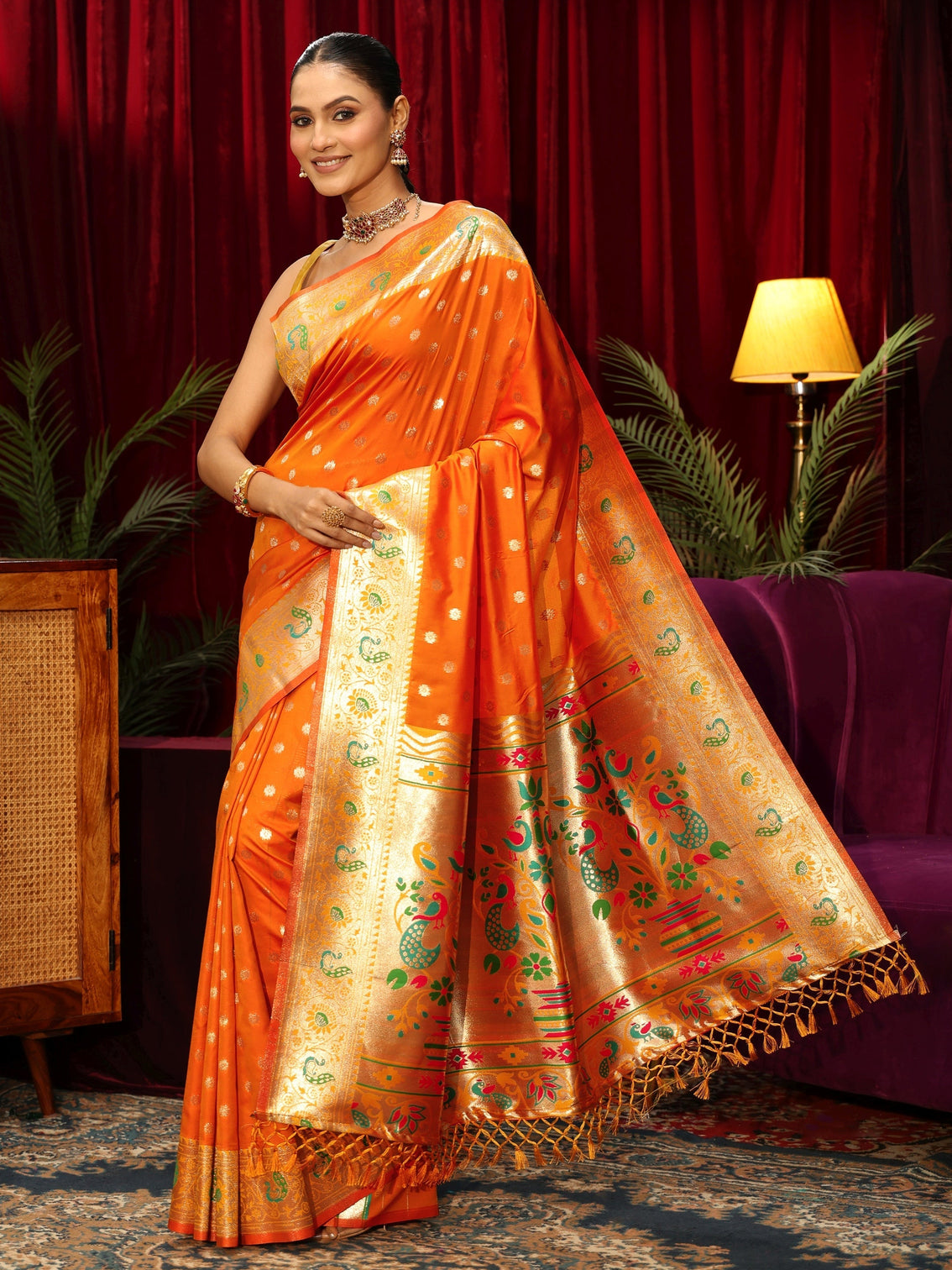 Mameraa Orange Silk Blend Paithani Tassel Saree