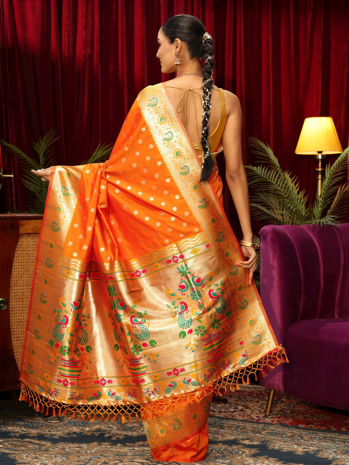 Mameraa Orange Silk Blend Paithani Tassel Saree