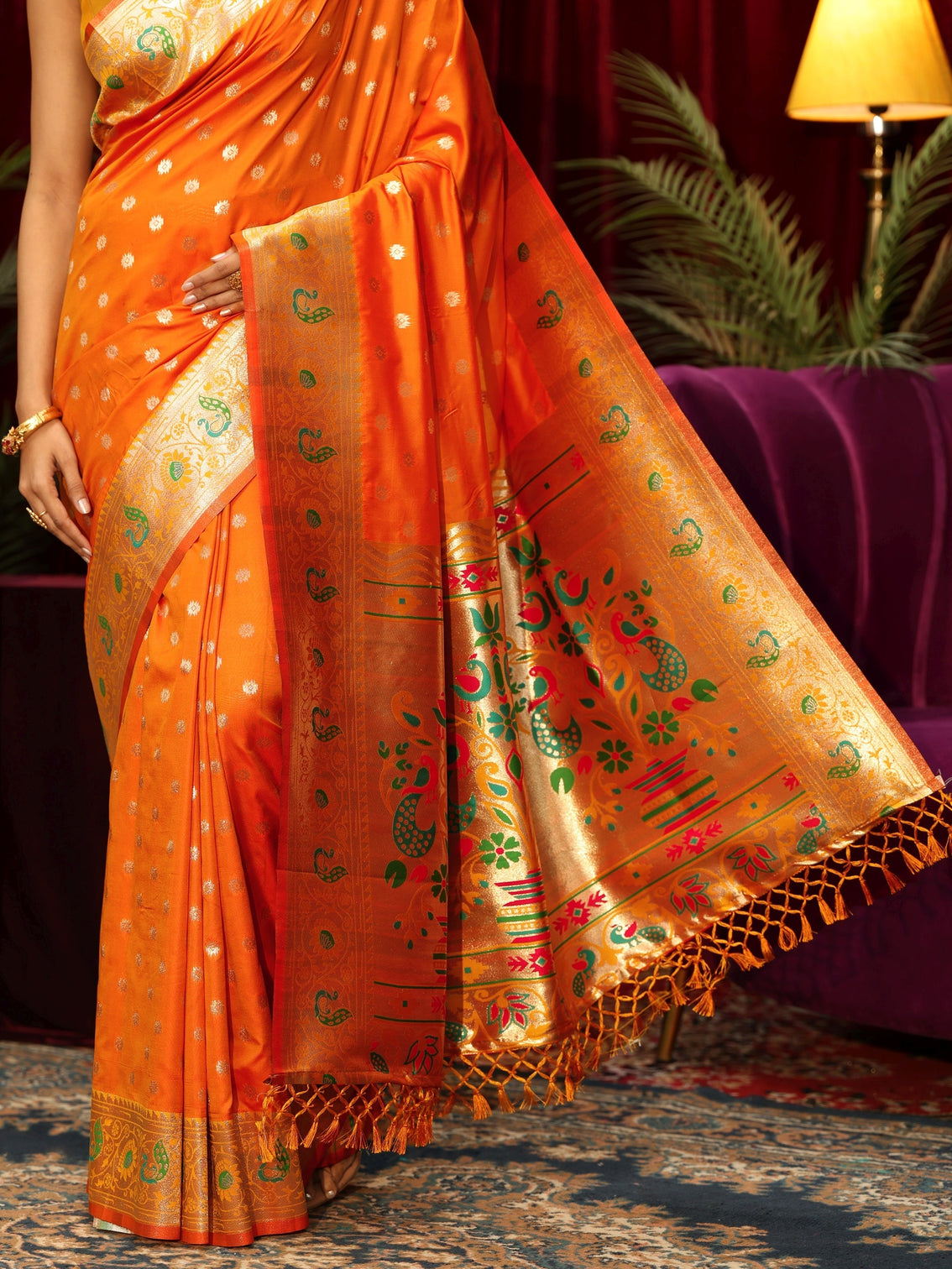 Mameraa Orange Silk Blend Paithani Tassel Saree