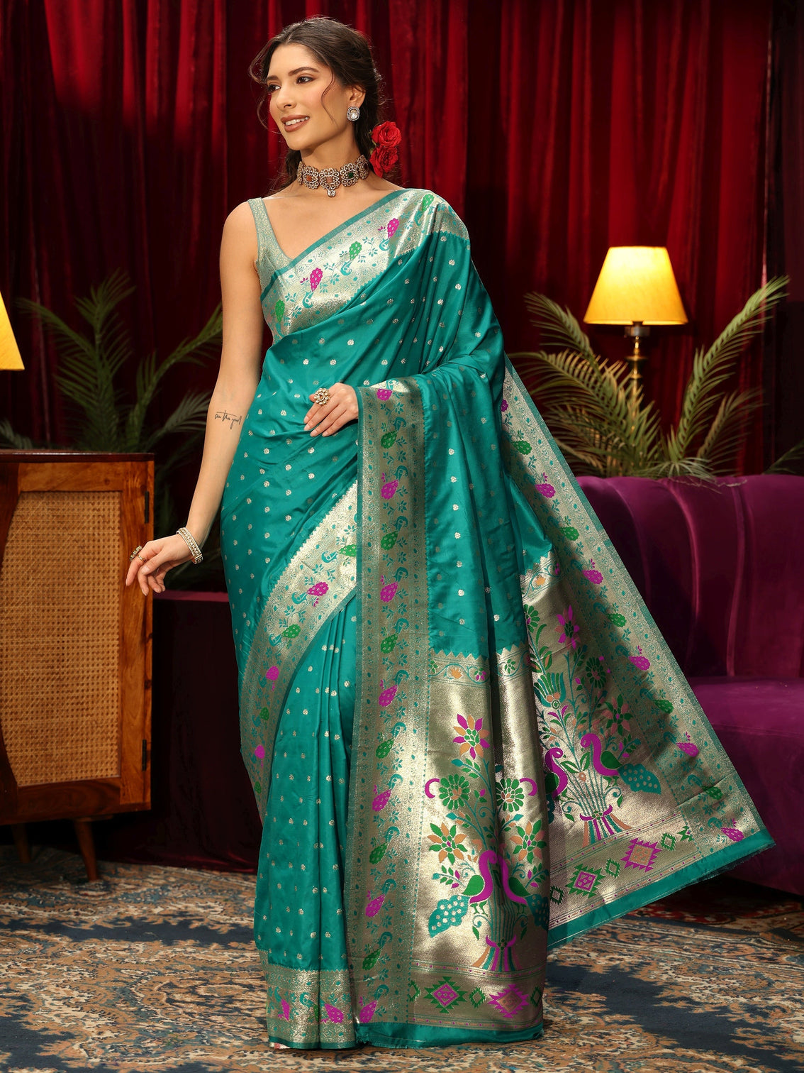 Mameraa Sea Green Silk Blend Paithani Saree