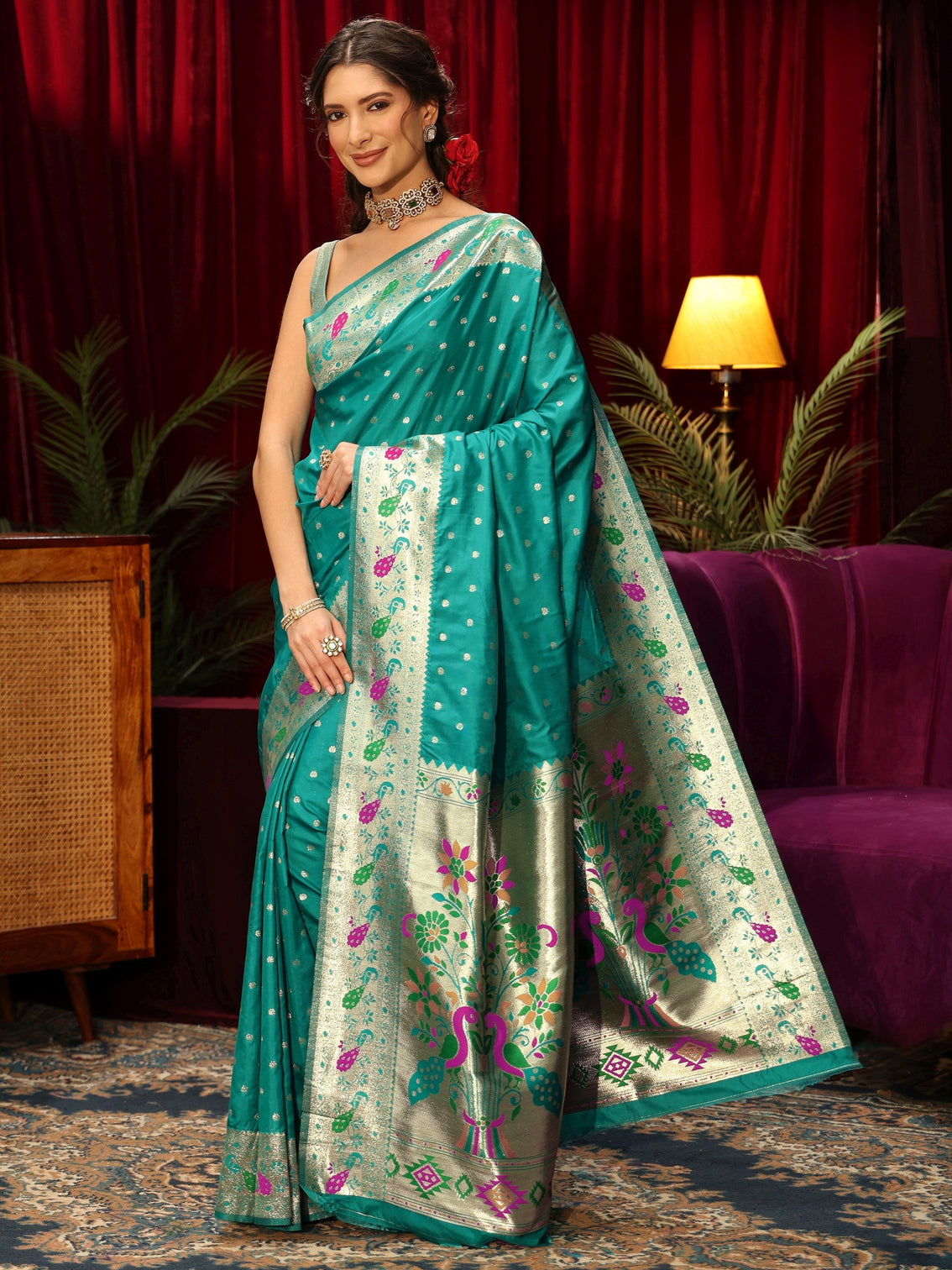 Mameraa Sea Green Silk Blend Paithani Saree
