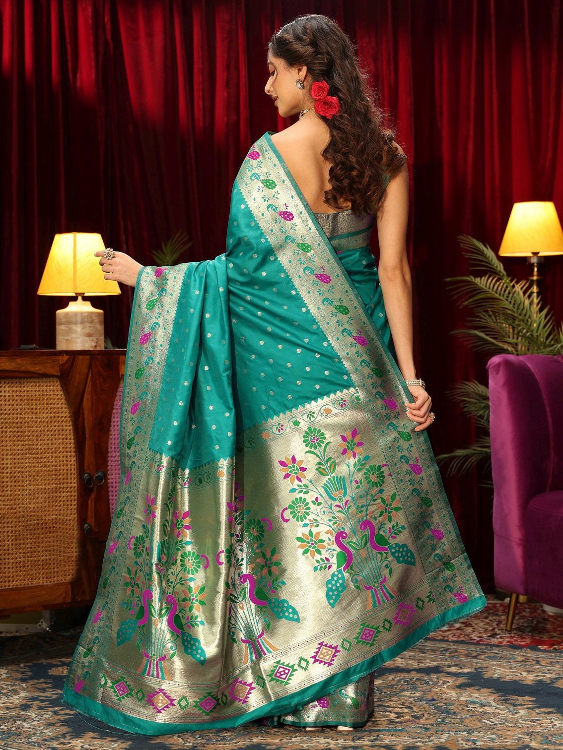 Mameraa Sea Green Silk Blend Paithani Saree