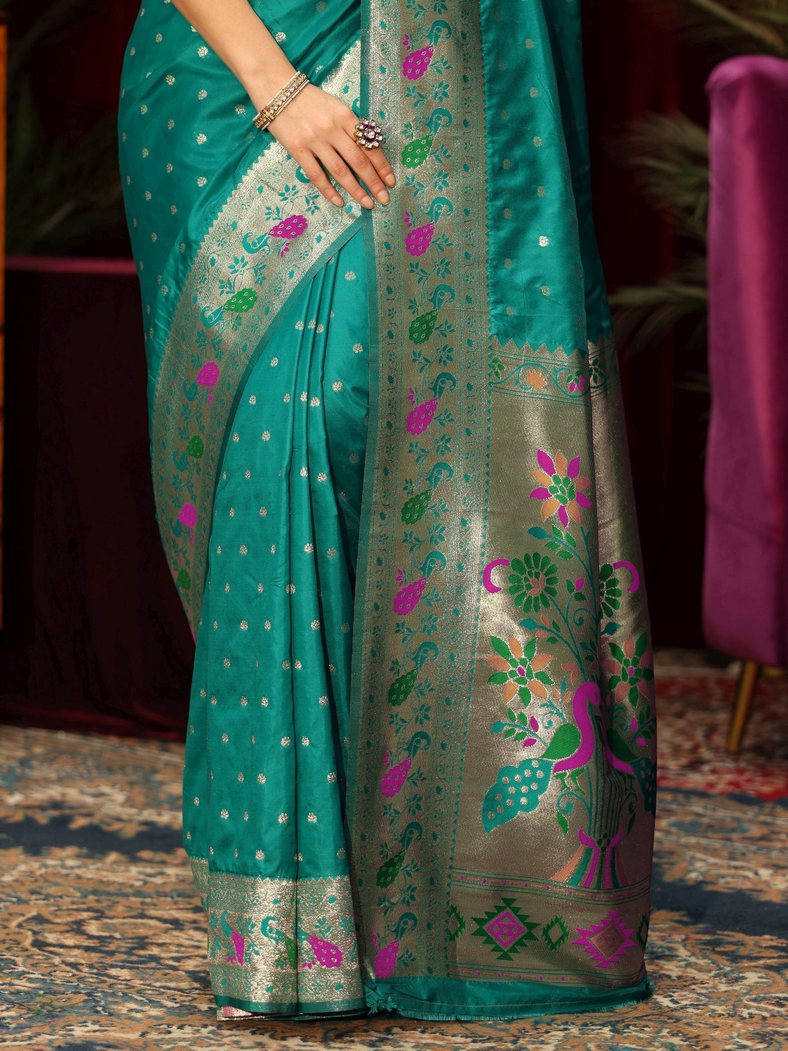 Mameraa Sea Green Silk Blend Paithani Saree