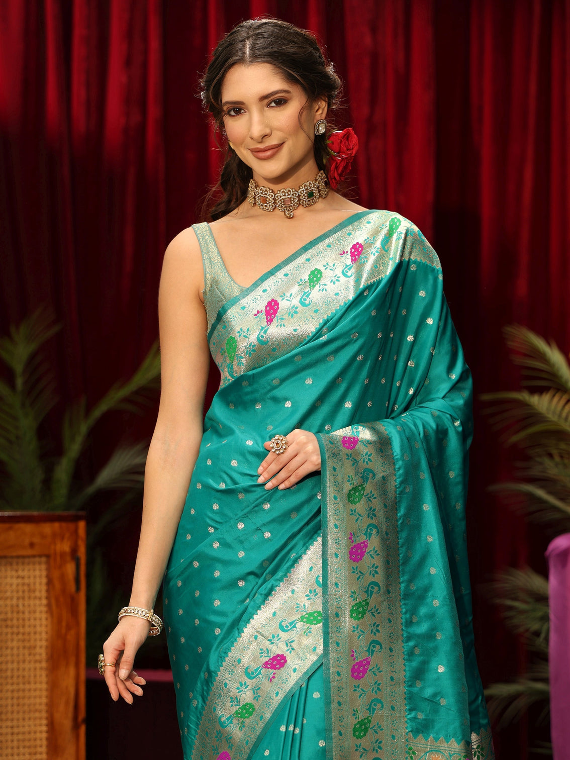Mameraa Sea Green Silk Blend Paithani Saree