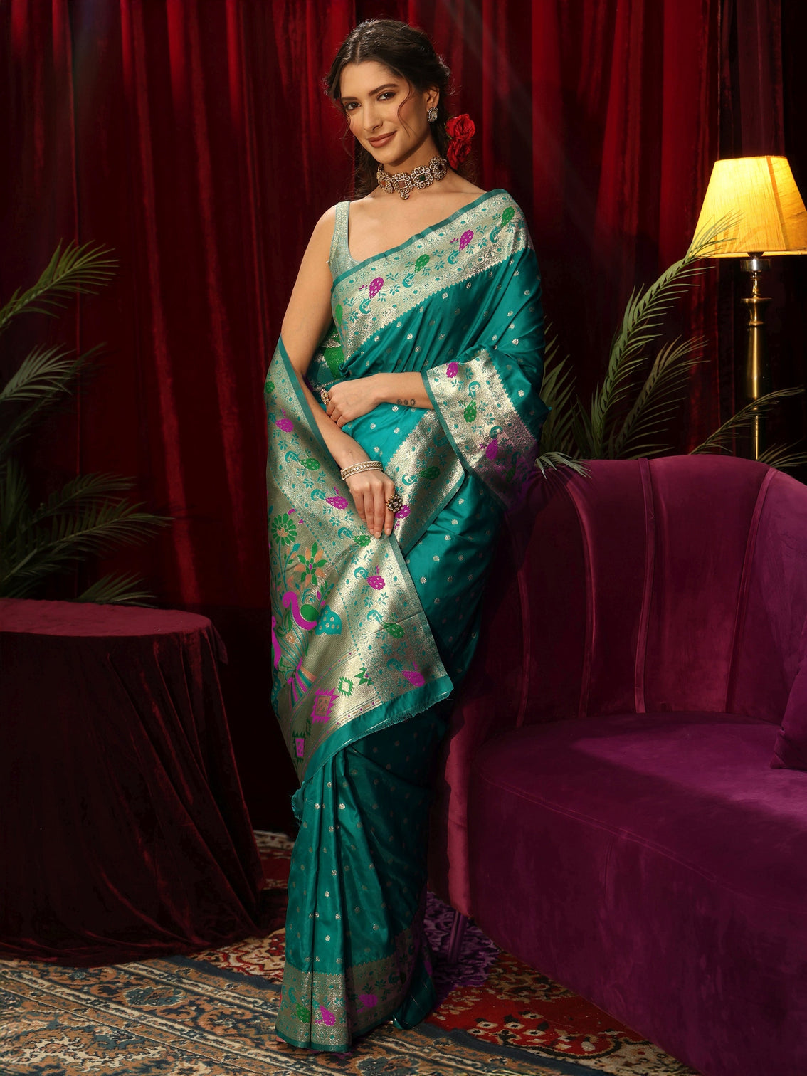 Mameraa Sea Green Silk Blend Paithani Saree