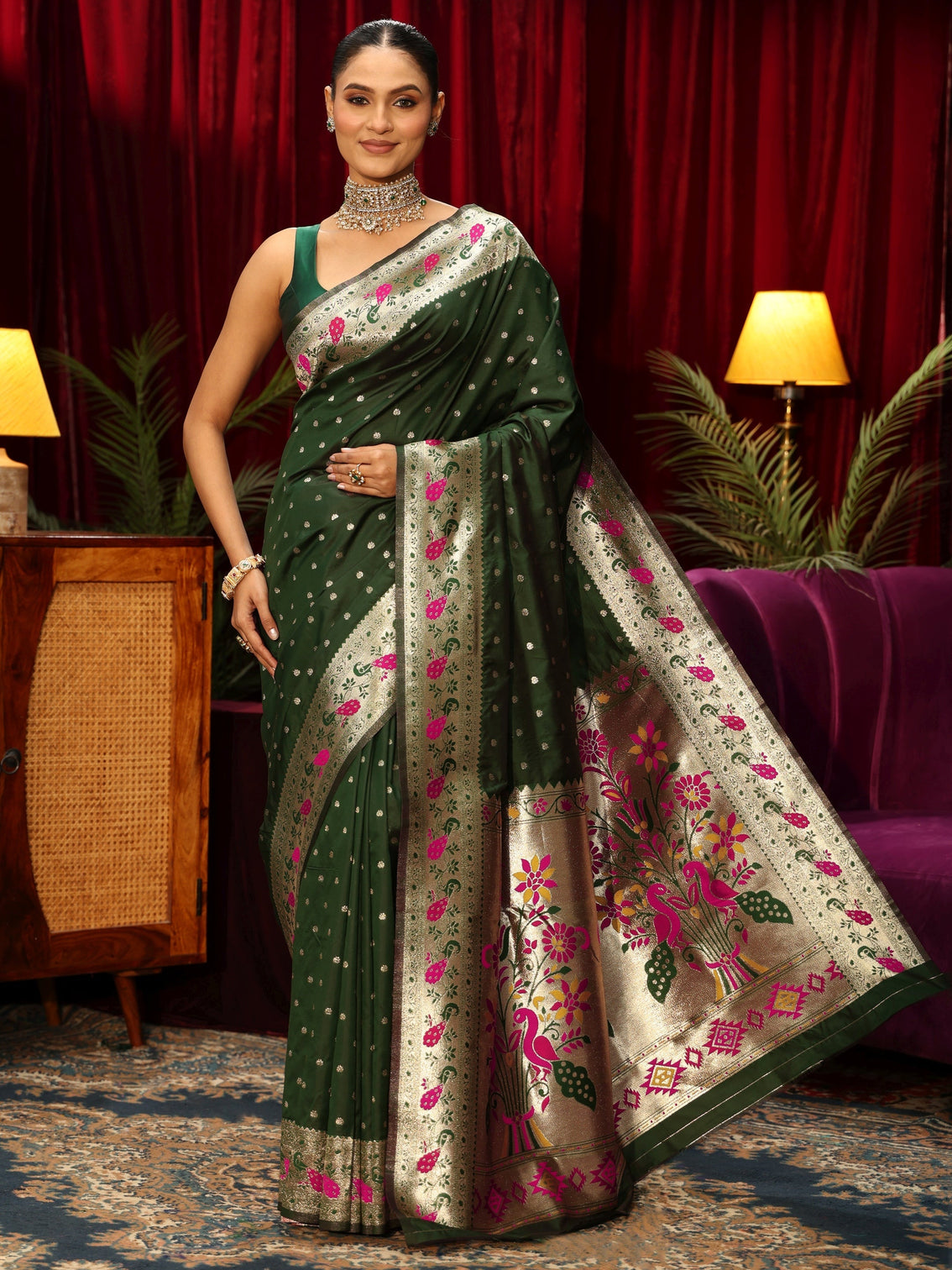 Mameraa Dark Green Silk Blend Paithani Saree