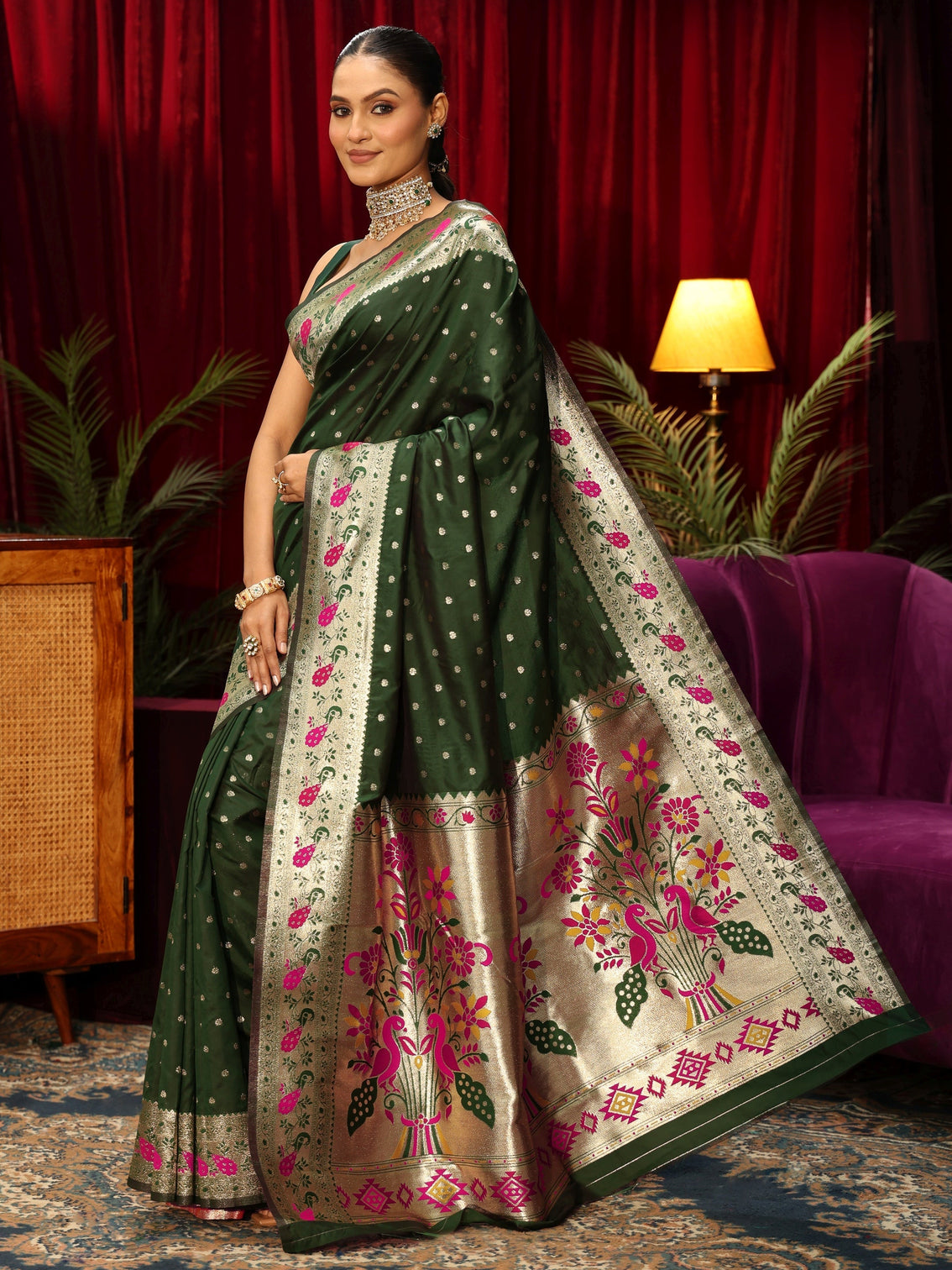 Mameraa Dark Green Silk Blend Paithani Saree