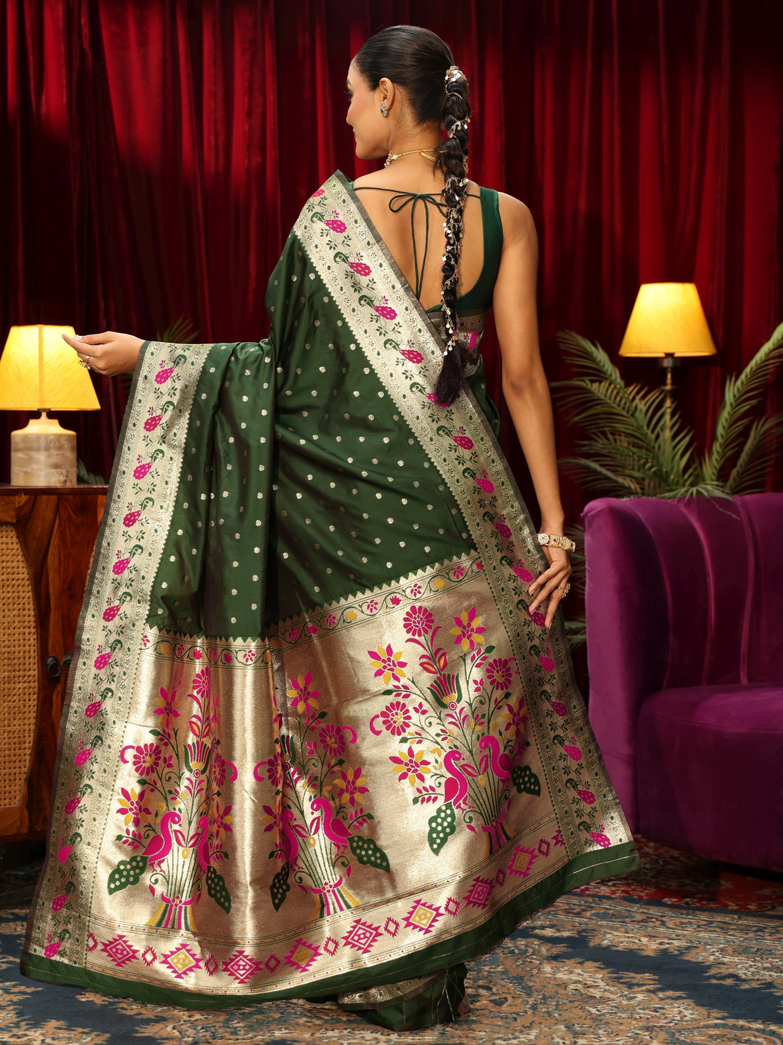 Mameraa Dark Green Silk Blend Paithani Saree