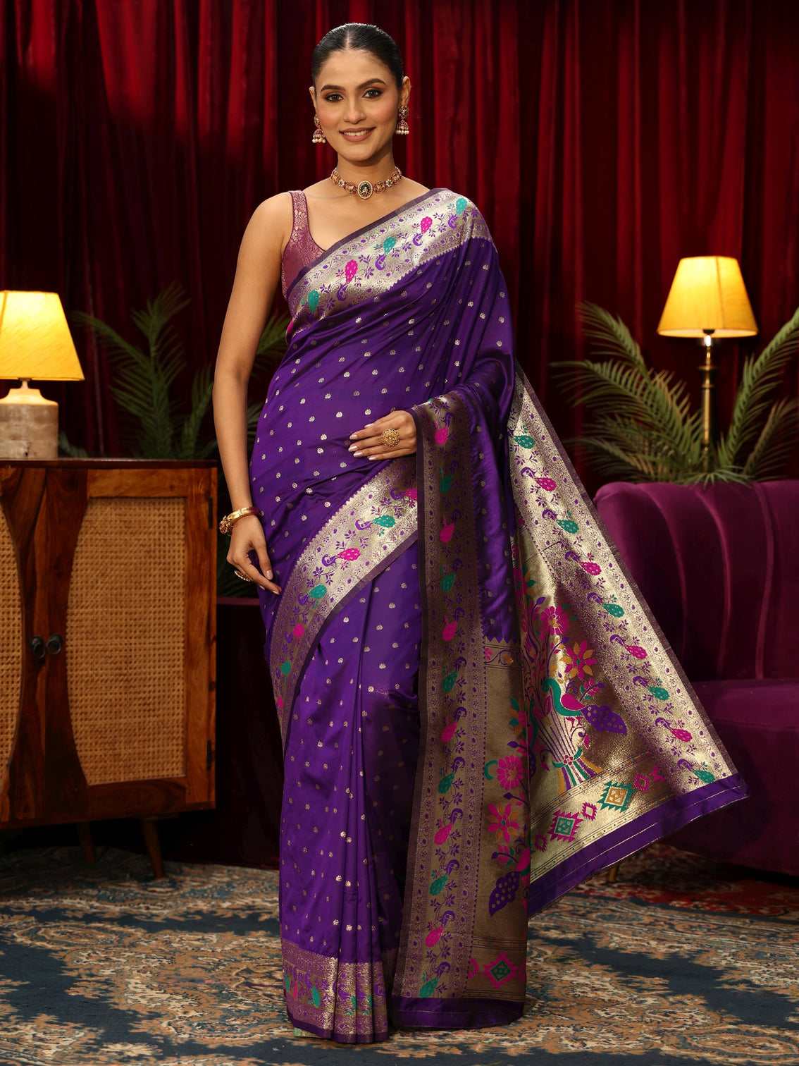 Mameraa Royal Purple Silk Blend Paithani Saree