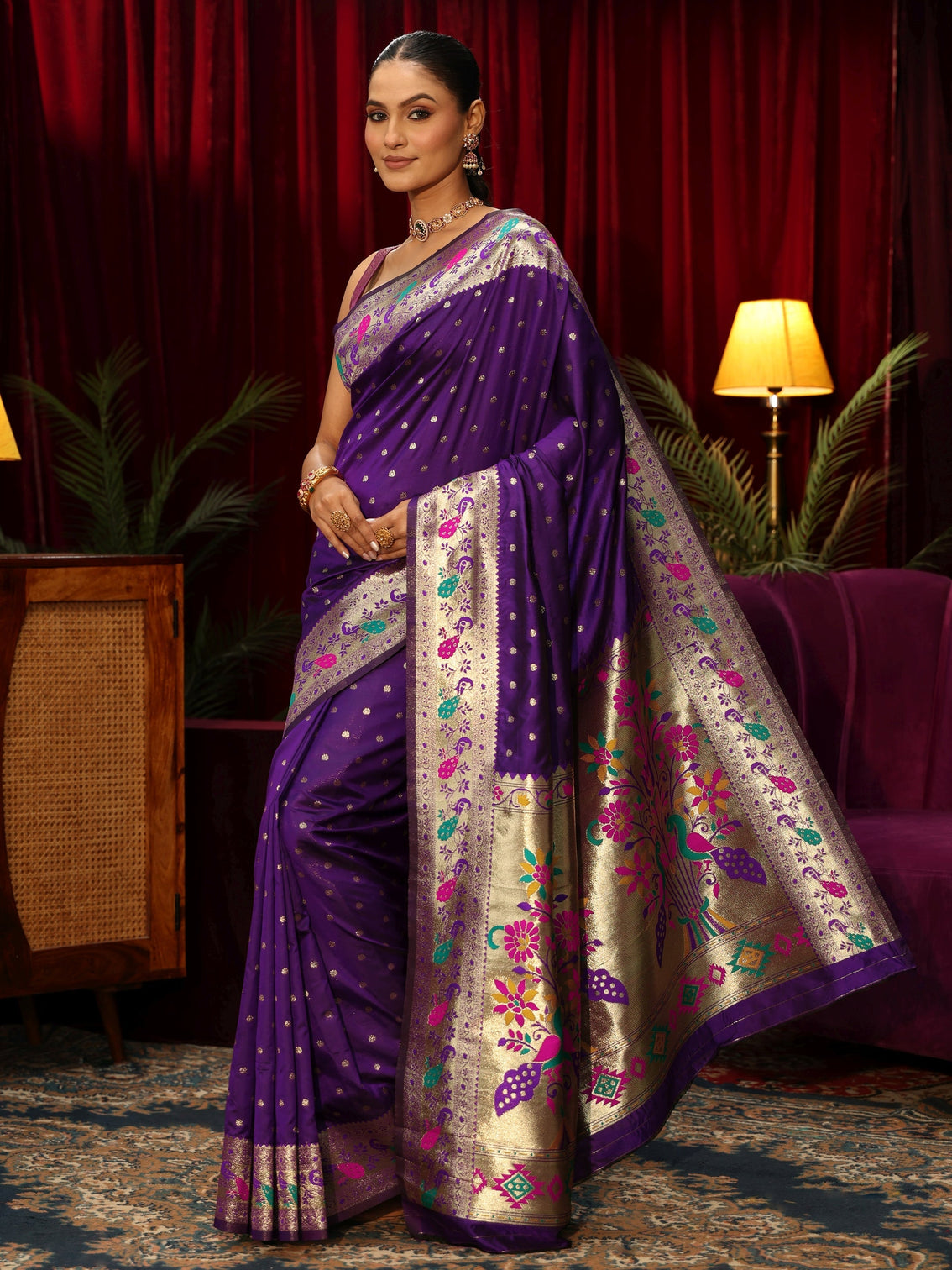 Mameraa Royal Purple Silk Blend Paithani Saree