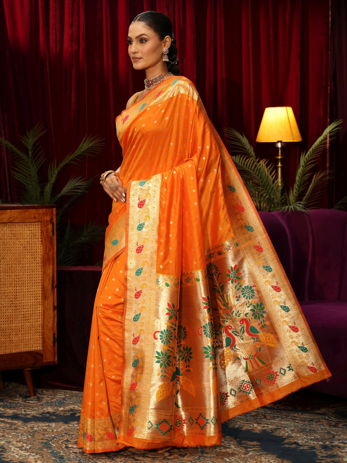 Mameraa Orange Silk Blend Paithani Saree